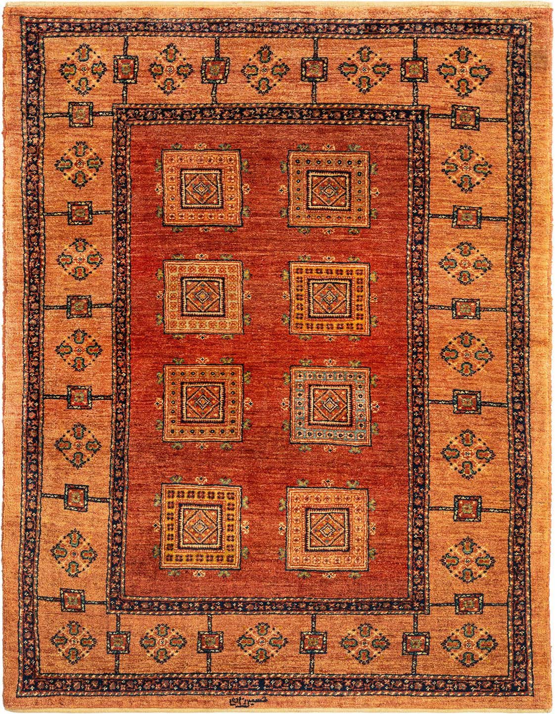 A 3x5 rectangular Kashkuli Persian wool rug featuring a rich orange field with eight ornate square medallions and a complementary orange border.
