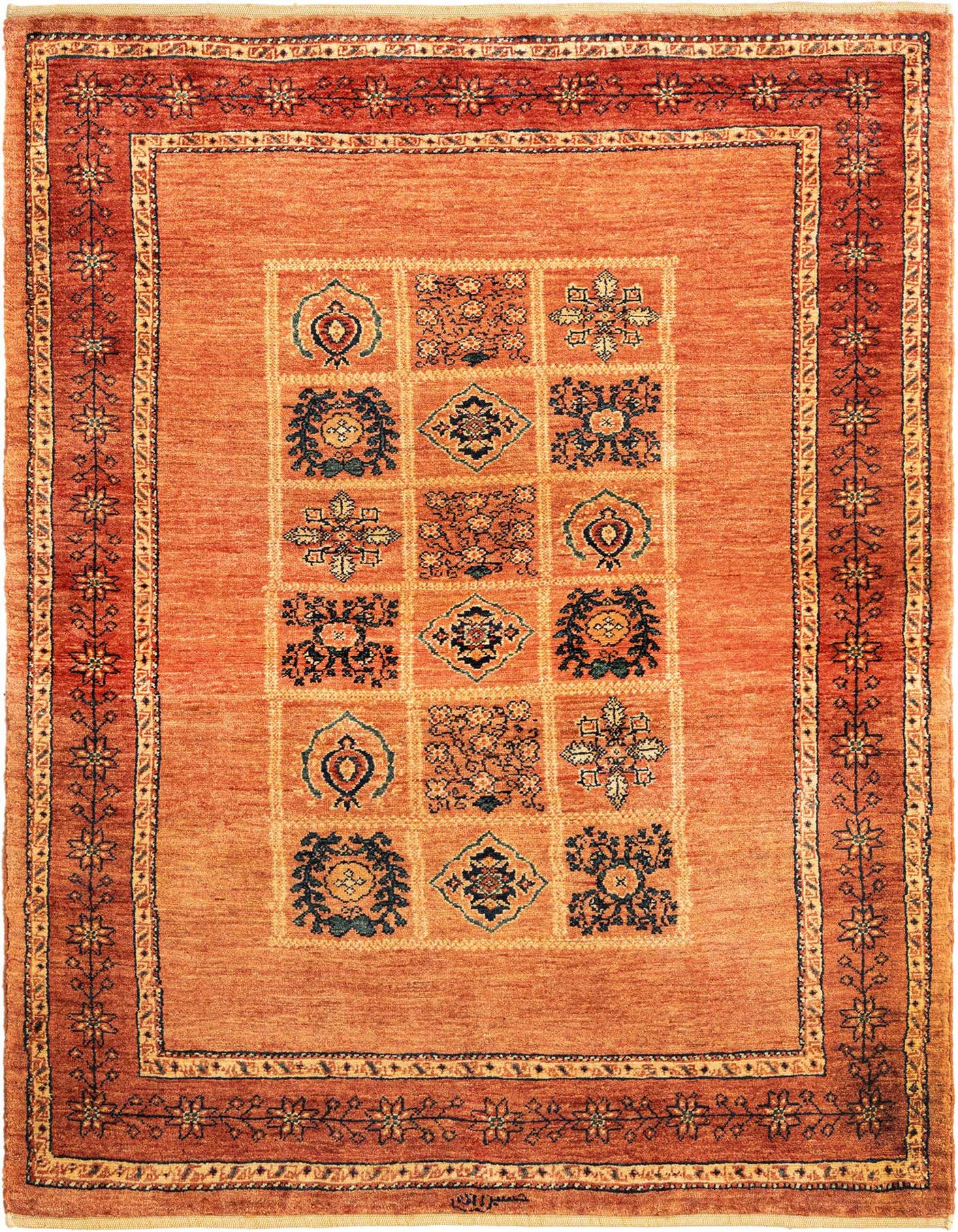 A 3x5 rectangular Kashkuli Persian rug in warm orange tones with a central grid of varied traditional motifs and a detailed border.