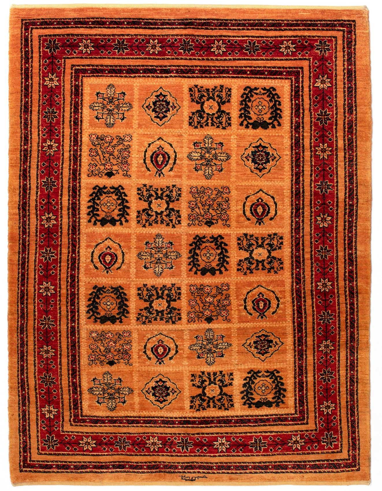 A 4x6 rectangular handmade Persian rug in shades of orange with a red border and intricate black and red medallion patterns.