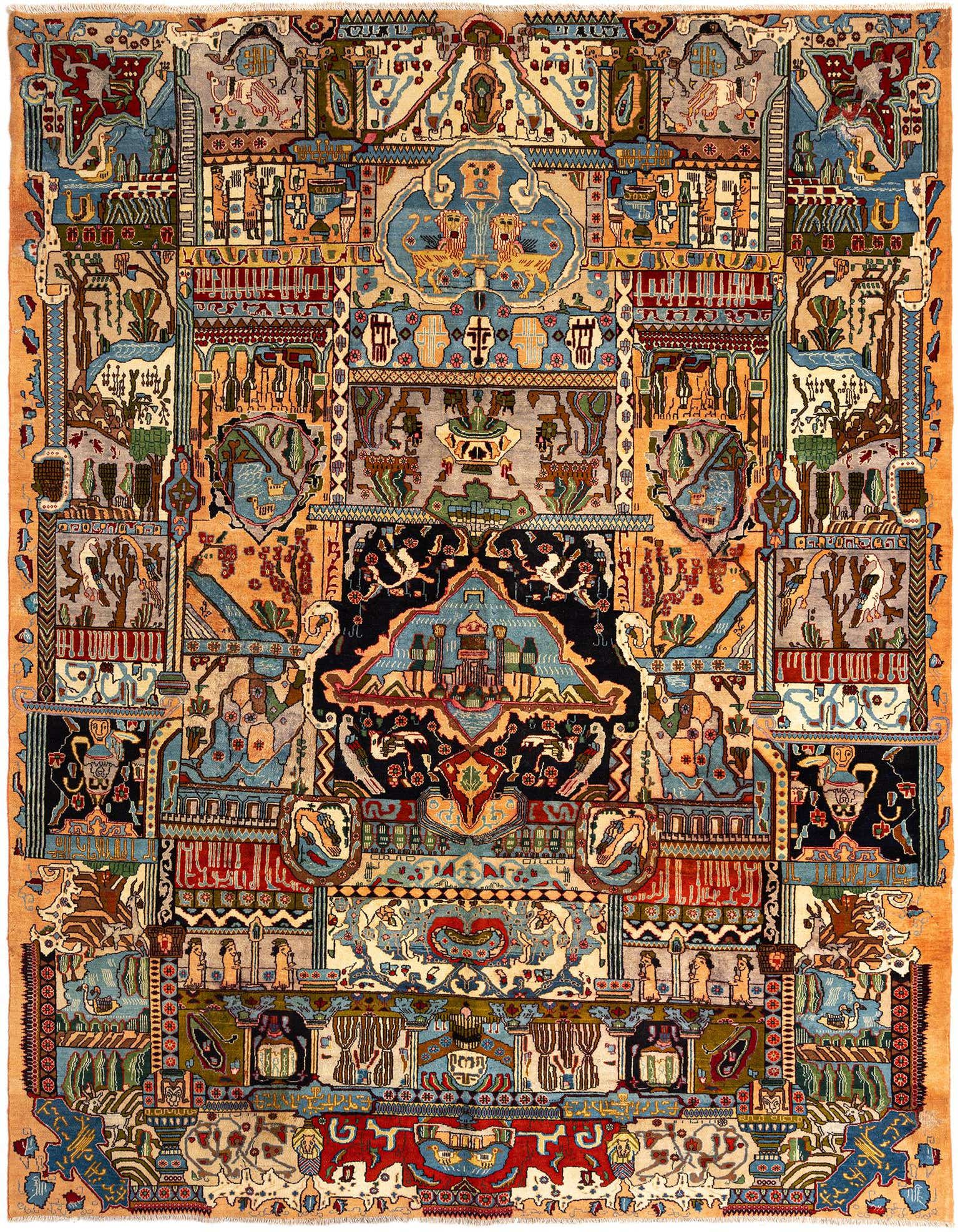 A rectangular 10x12 Persian wool rug featuring intricate, colorful patterns with dominant oranges, blues, and reds, depicting various scenes and motifs.
