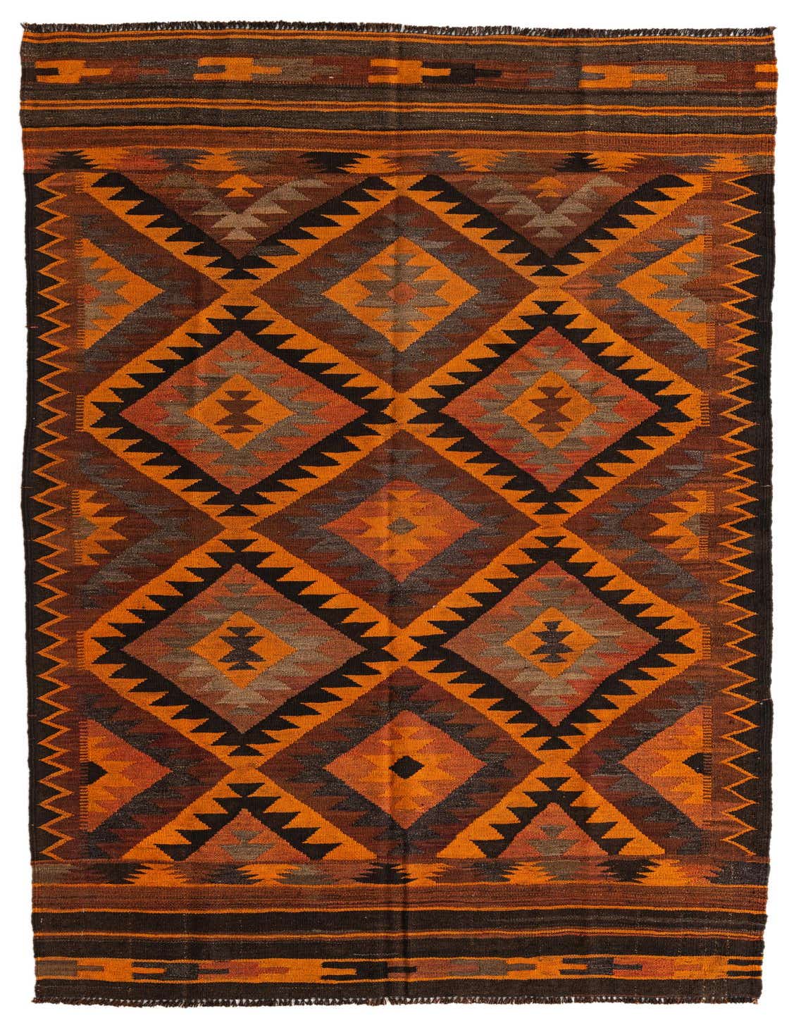 A 5x8 rectangular Kilim Afghan rug with a tribal geometric pattern in shades of orange, brown, and black.