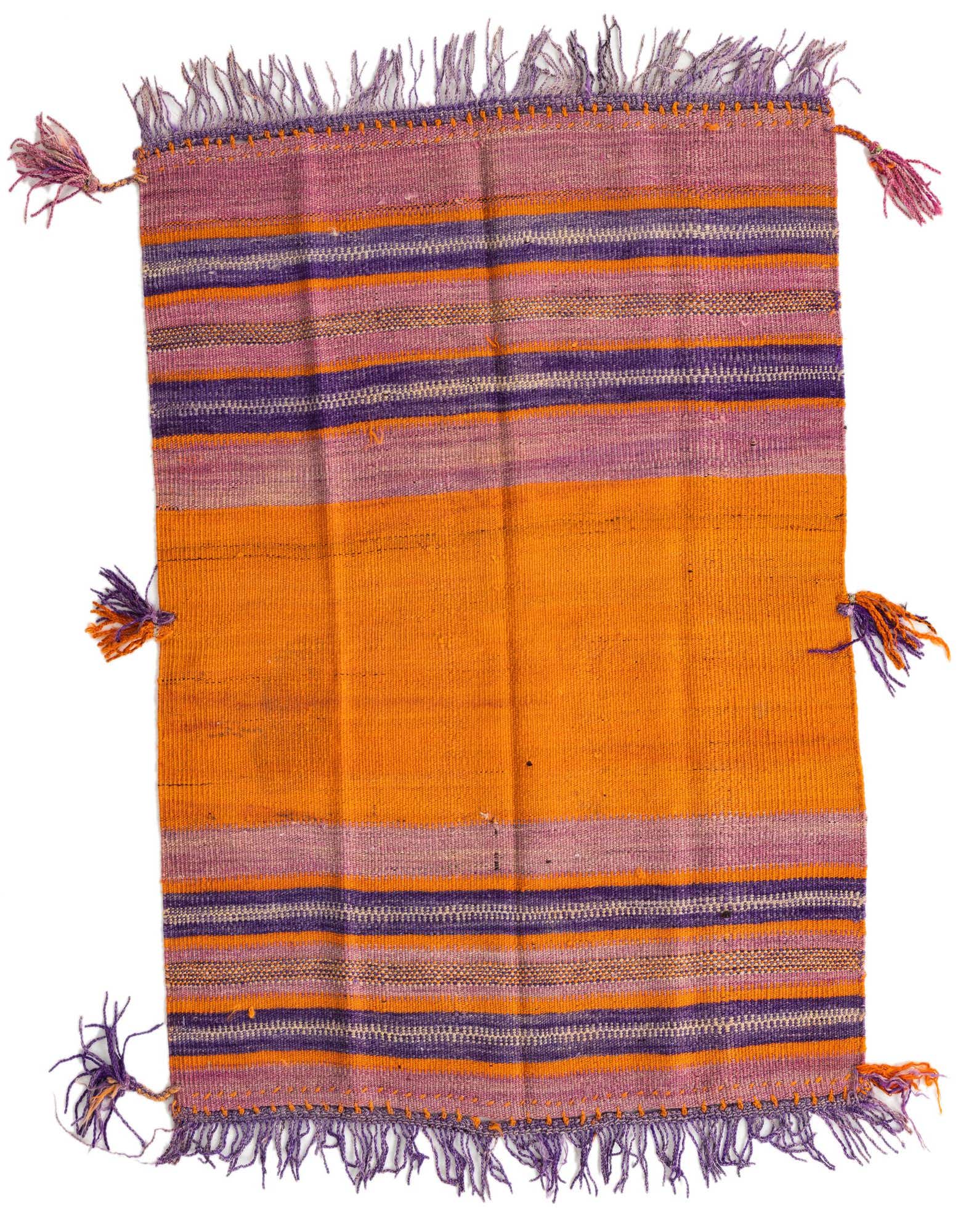A 3x4 rectangular flatweave Kilim Fars rug with bold orange and purple stripes, featuring fringed edges and decorative tassels.