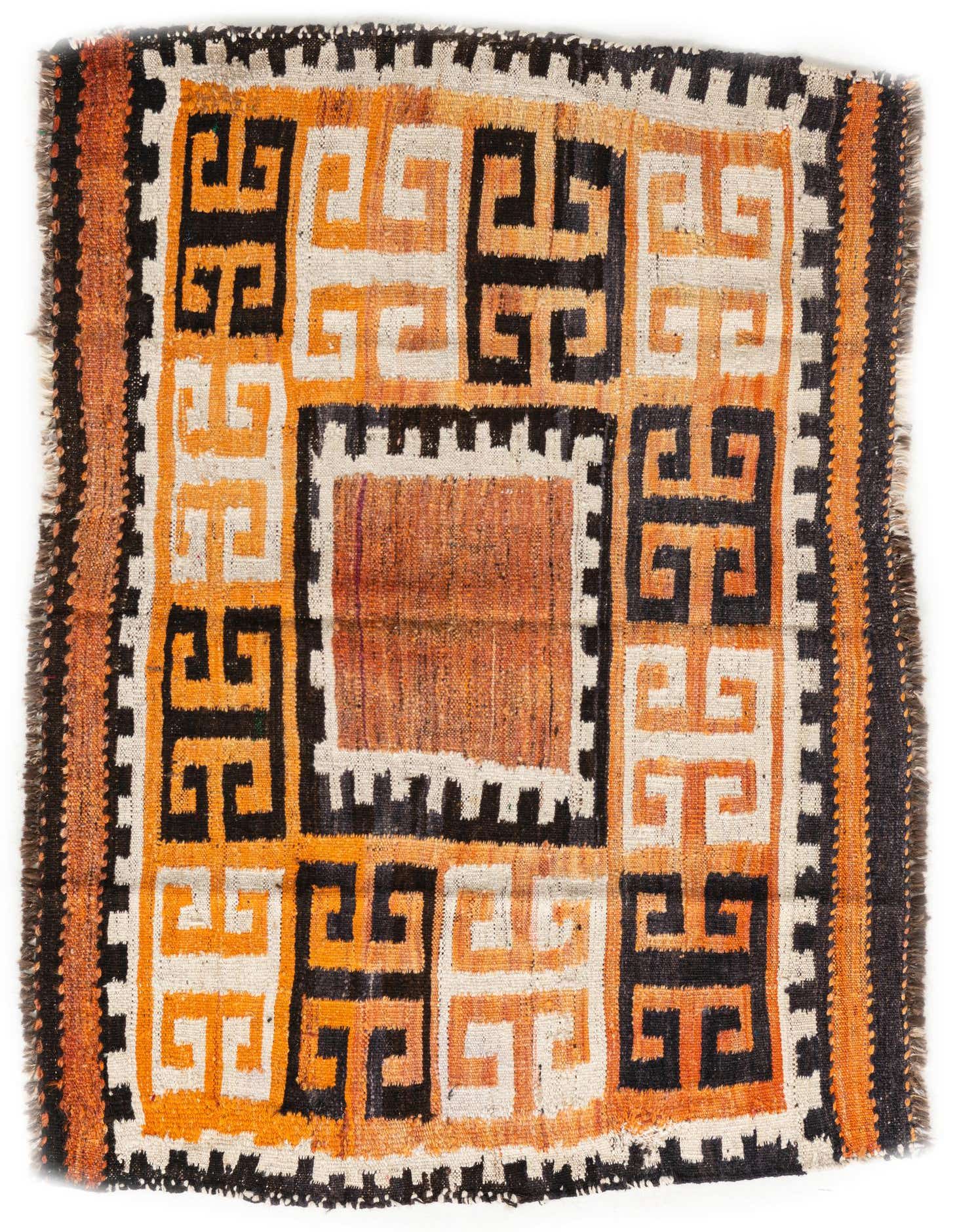 A 3x4 rectangular flatweave Kilim Fars rug with tribal patterns in shades of orange, black, and cream.