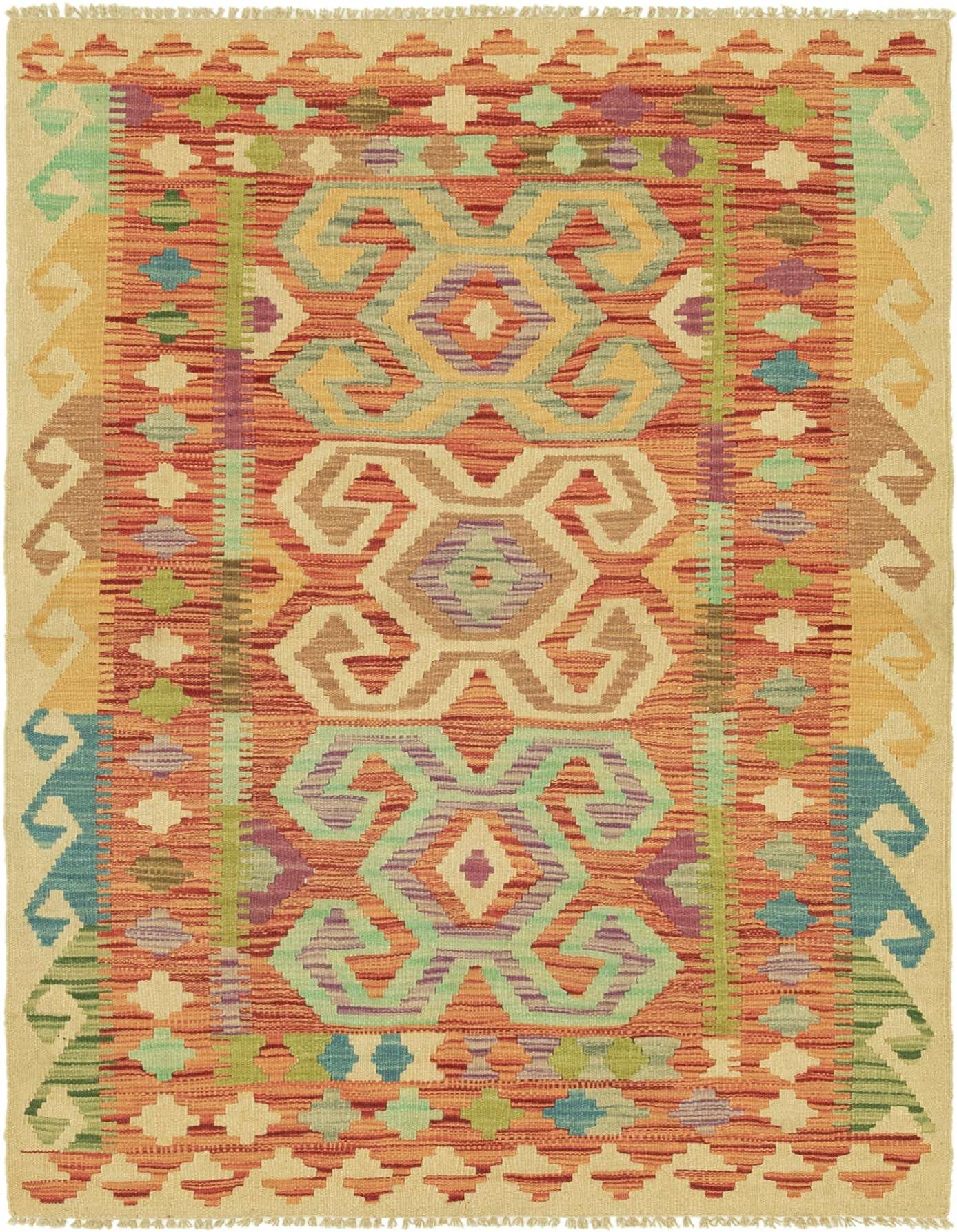 A 3x5 rectangular Kilim Maymana rug featuring a vibrant Southwestern tribal pattern in oranges, blues, greens, and purples on a cream background.