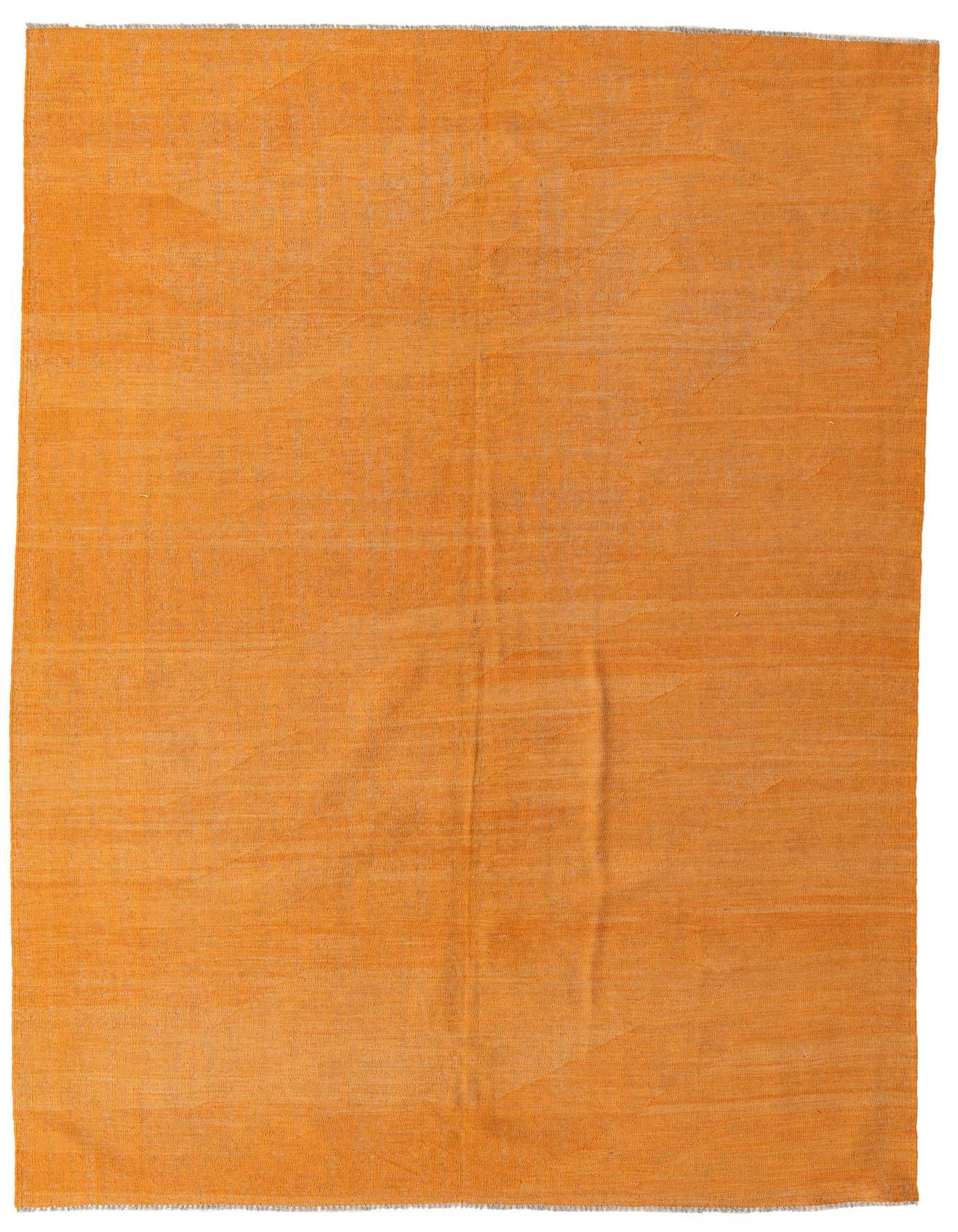 A 7x10 rectangular orange flatweave wool rug with subtle Southwestern and tribal patterns, ideal for a living room.