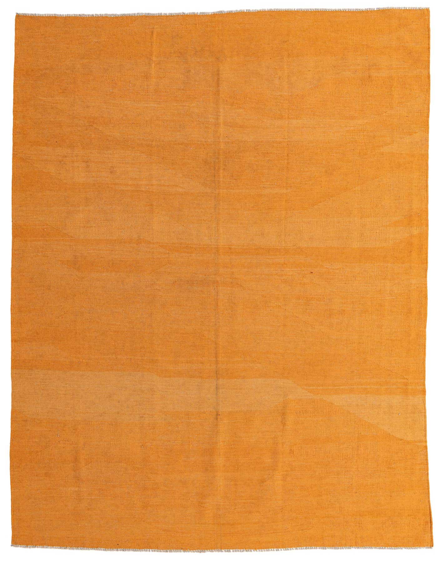 A 7x10 rectangular orange flatweave wool rug with subtle tonal variations, suitable for a living room.