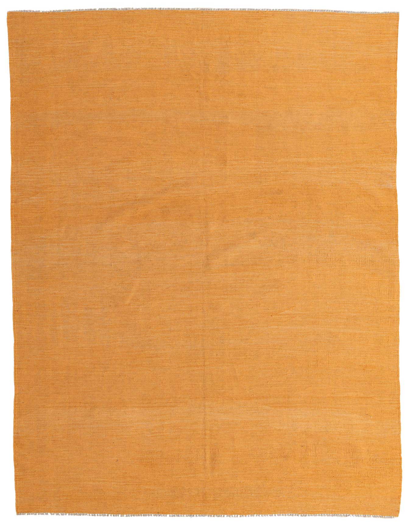 A 6x9 rectangular orange flatweave rug with a subtle tribal texture, handmade from wool, suitable for a living room.