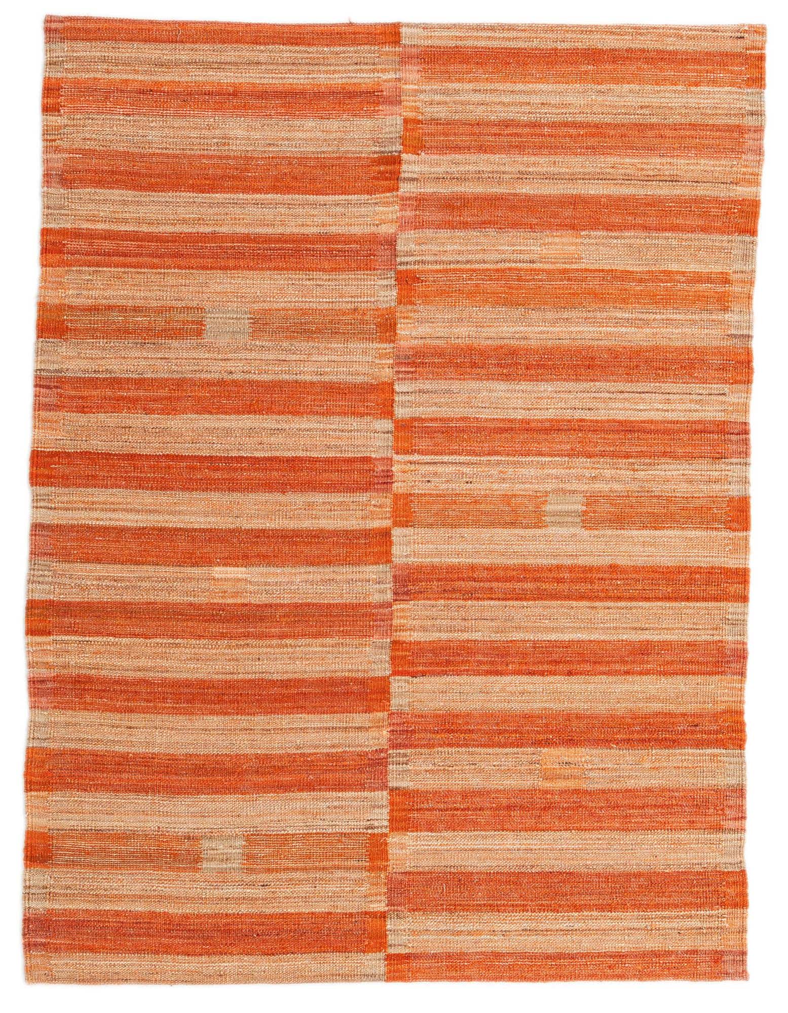 A 4x6 rectangular flatweave rug featuring alternating horizontal stripes of various orange shades and natural beige.
