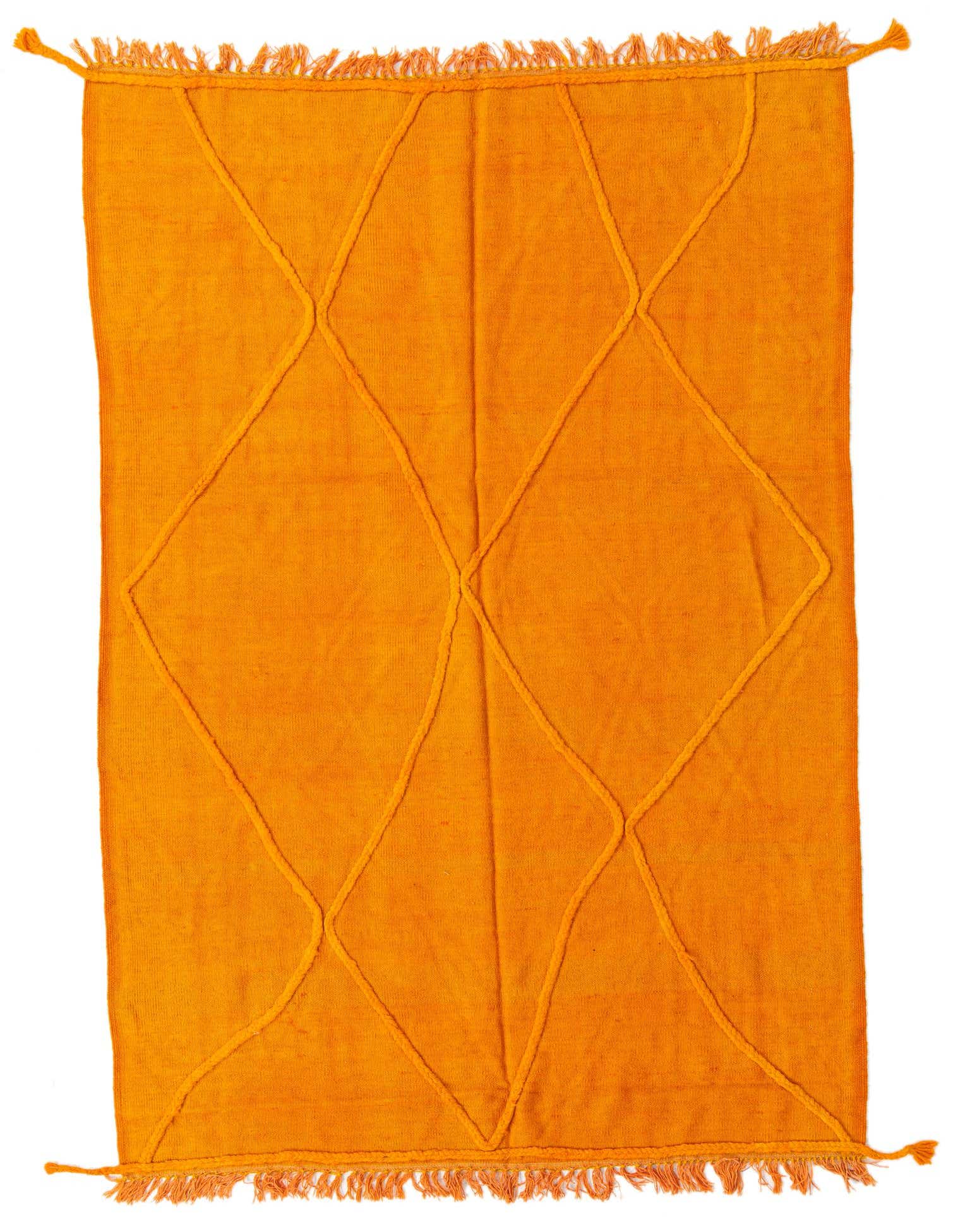 A 5x8 rectangular orange flatweave wool rug with a subtle raised diamond pattern and fringed ends.