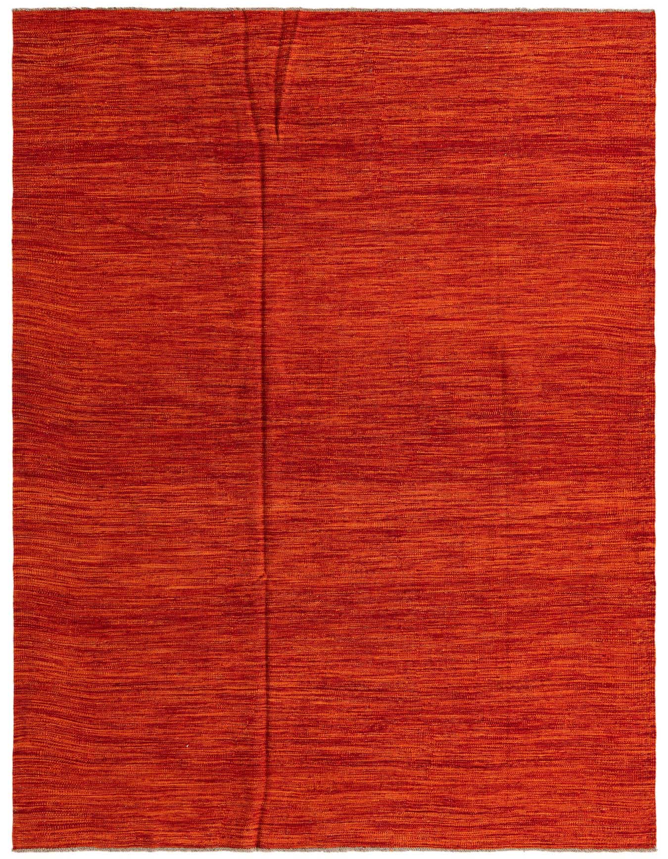 A 6x9 rectangular Kilim Modern rug in vibrant orange tones, featuring a flatweave texture and handmade tribal design.