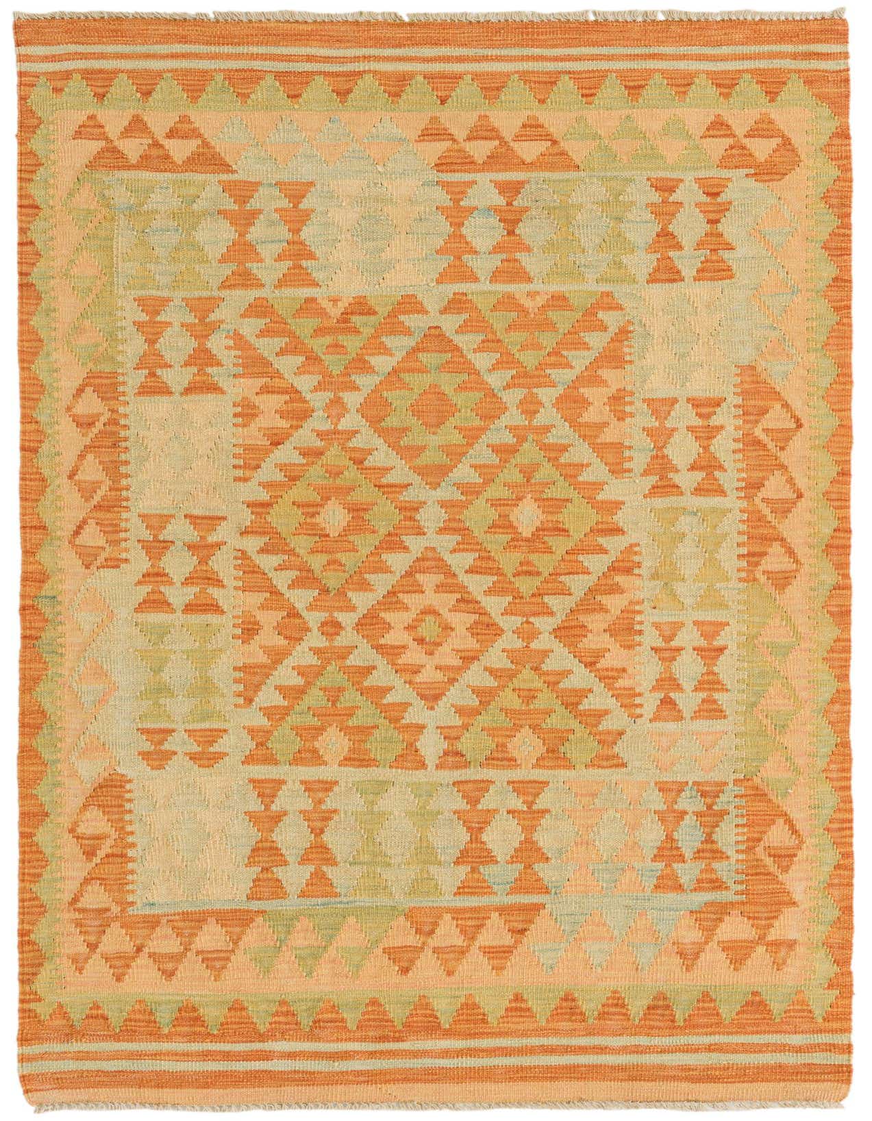 A 3x5 rectangular Kilim Waziri rug featuring a Southwestern tribal pattern in shades of orange, peach, and light green.