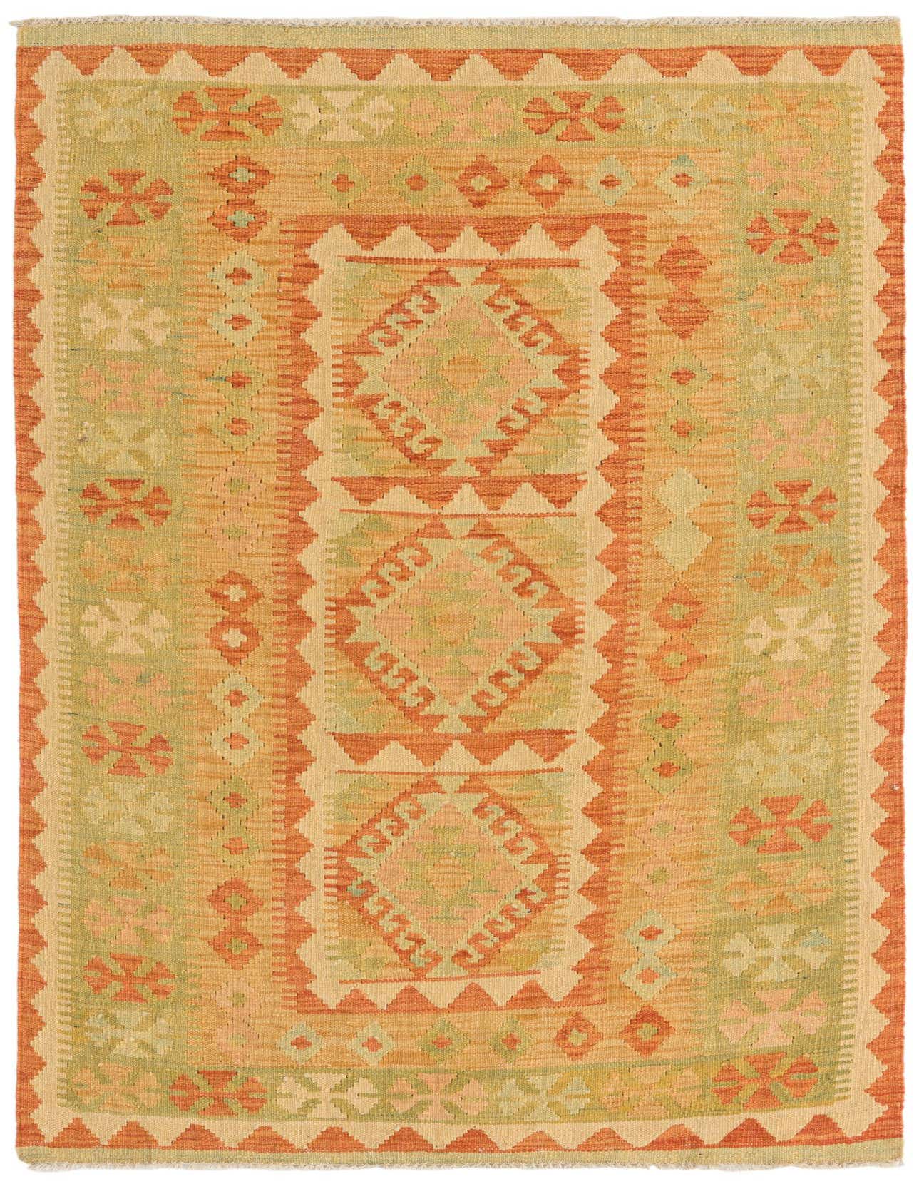 A 3x5 rectangular Kilim Waziri rug featuring a Southwestern tribal pattern in shades of orange, green, and beige.