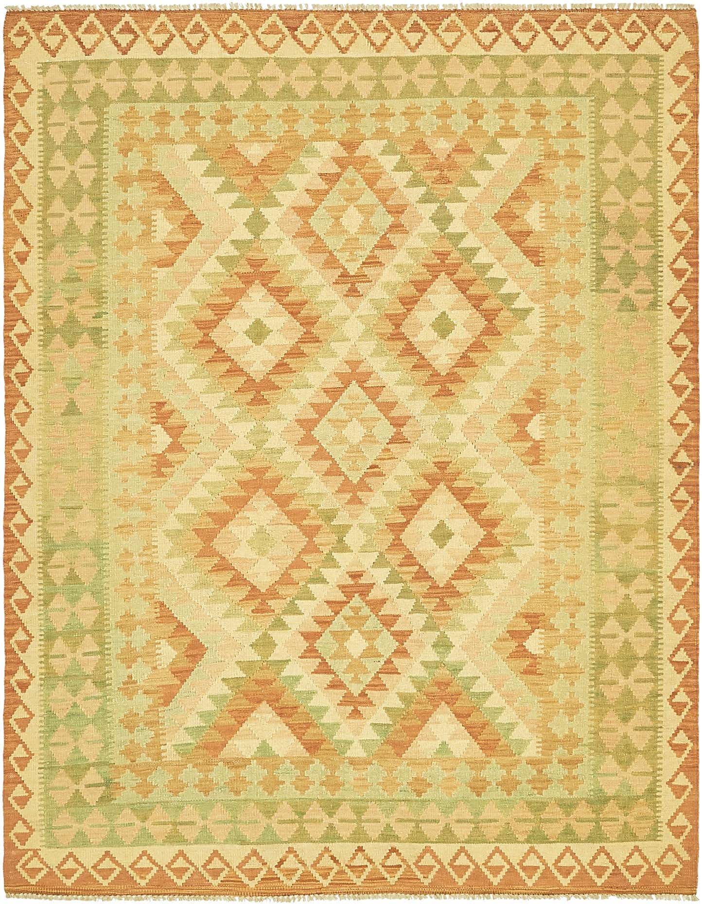 A 5x7 rectangular Kilim Waziri rug featuring a tribal geometric pattern in shades of orange, green, and beige.