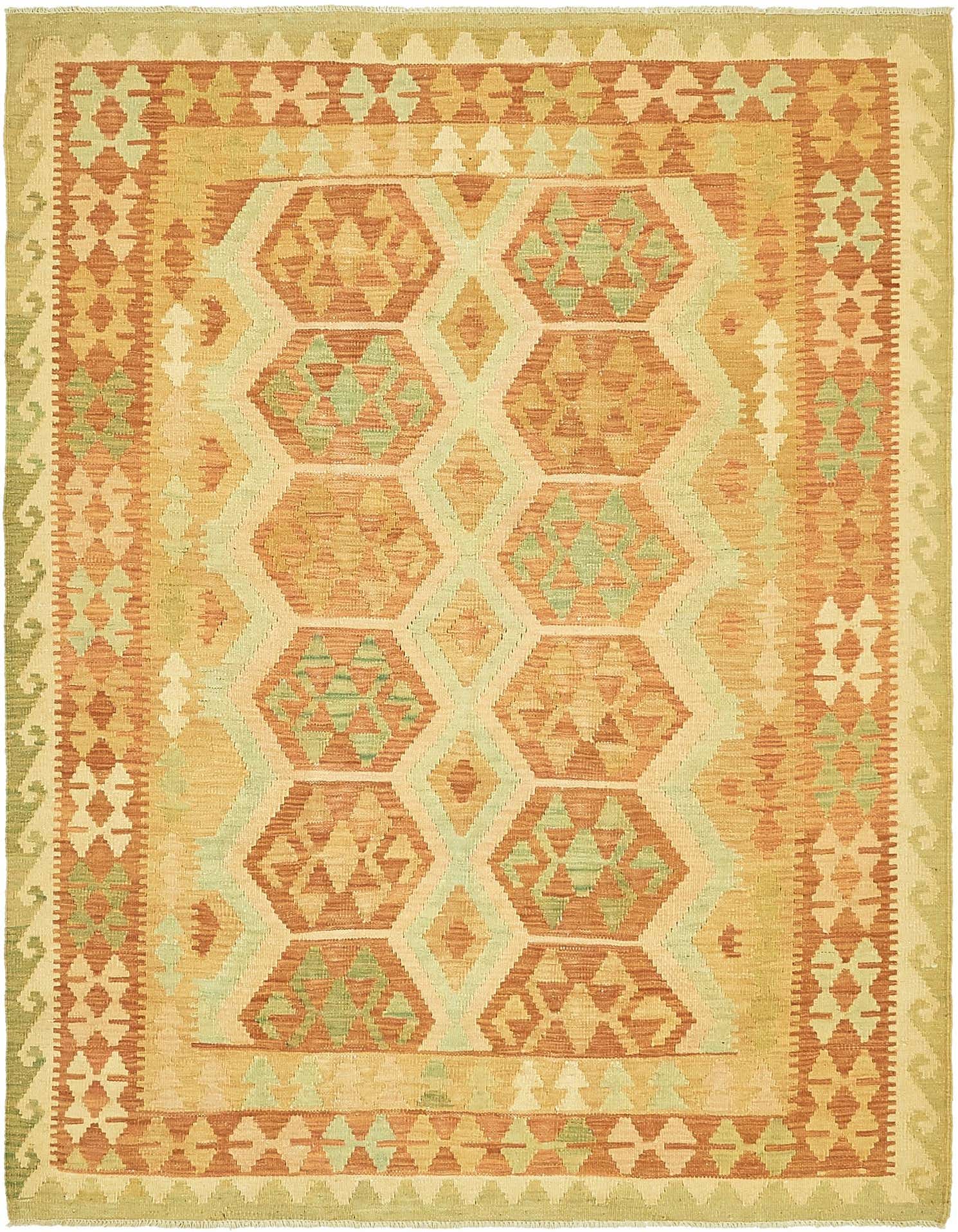 A 5x7 rectangular Kilim Waziri rug featuring tribal geometric patterns in shades of orange, tan, and light green.