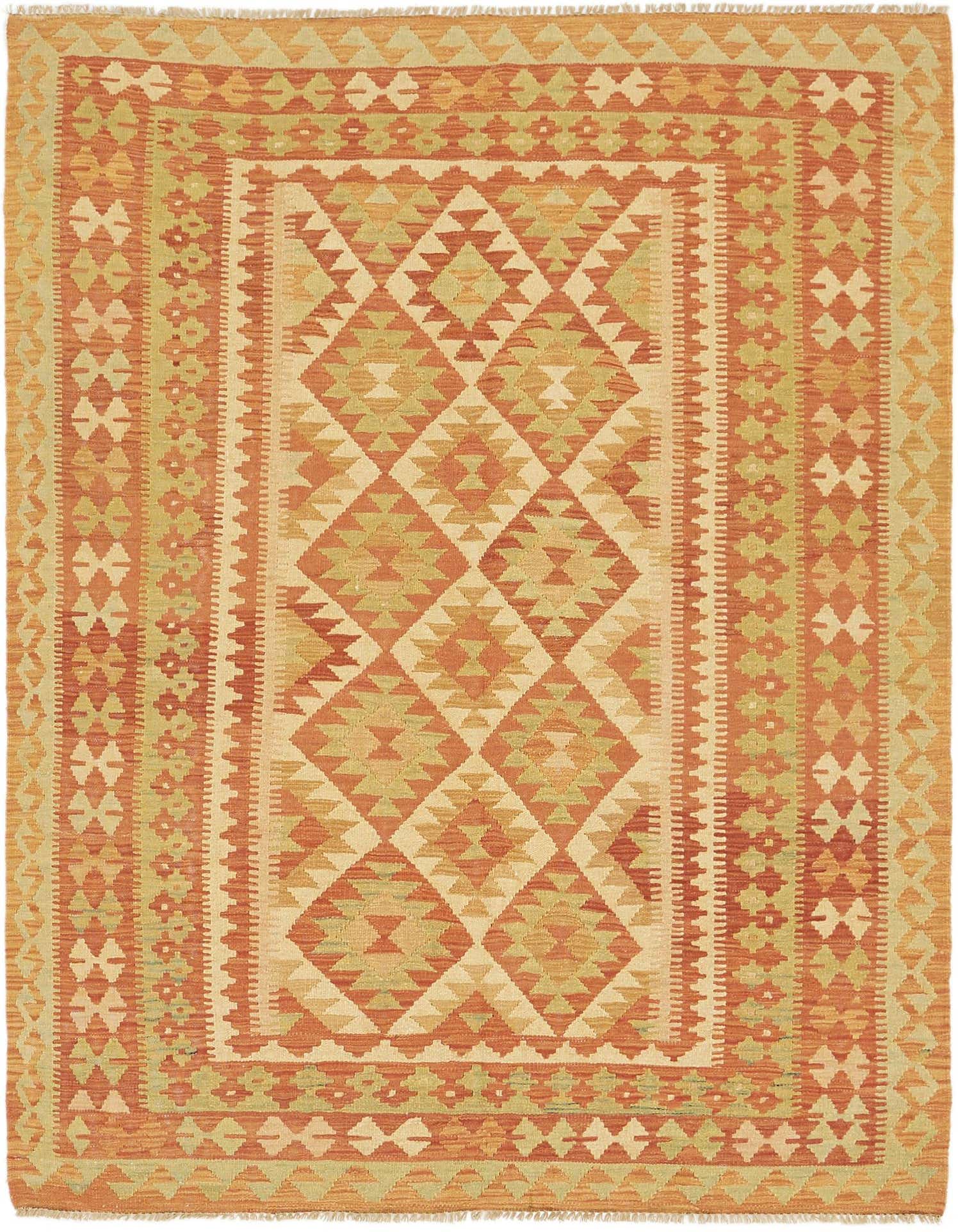 A 4x6 rectangular Kilim Waziri rug featuring traditional tribal patterns in various shades of orange and tan.