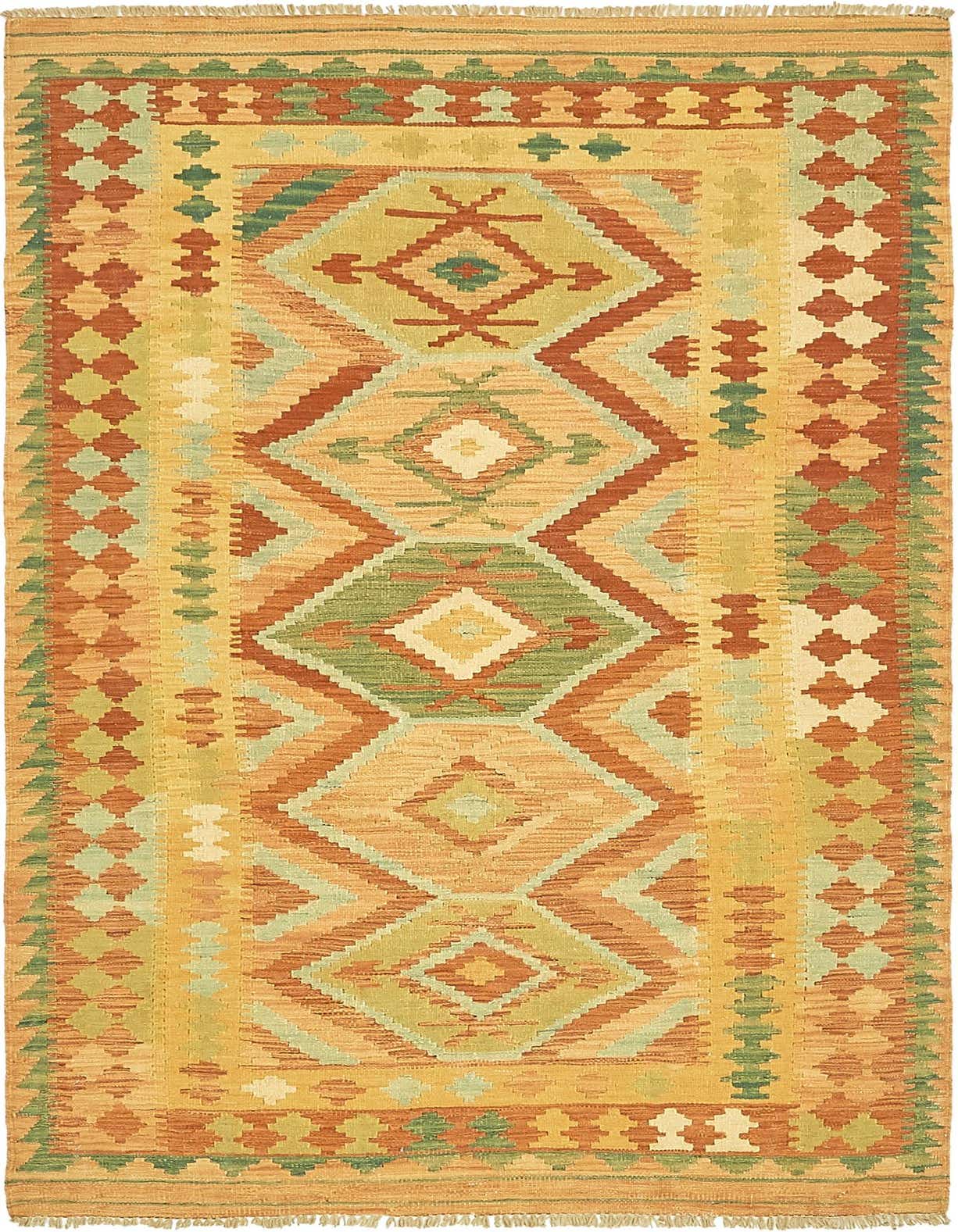 A 4x6 rectangular Kilim Waziri rug featuring a traditional tribal pattern in shades of orange, green, and yellow.