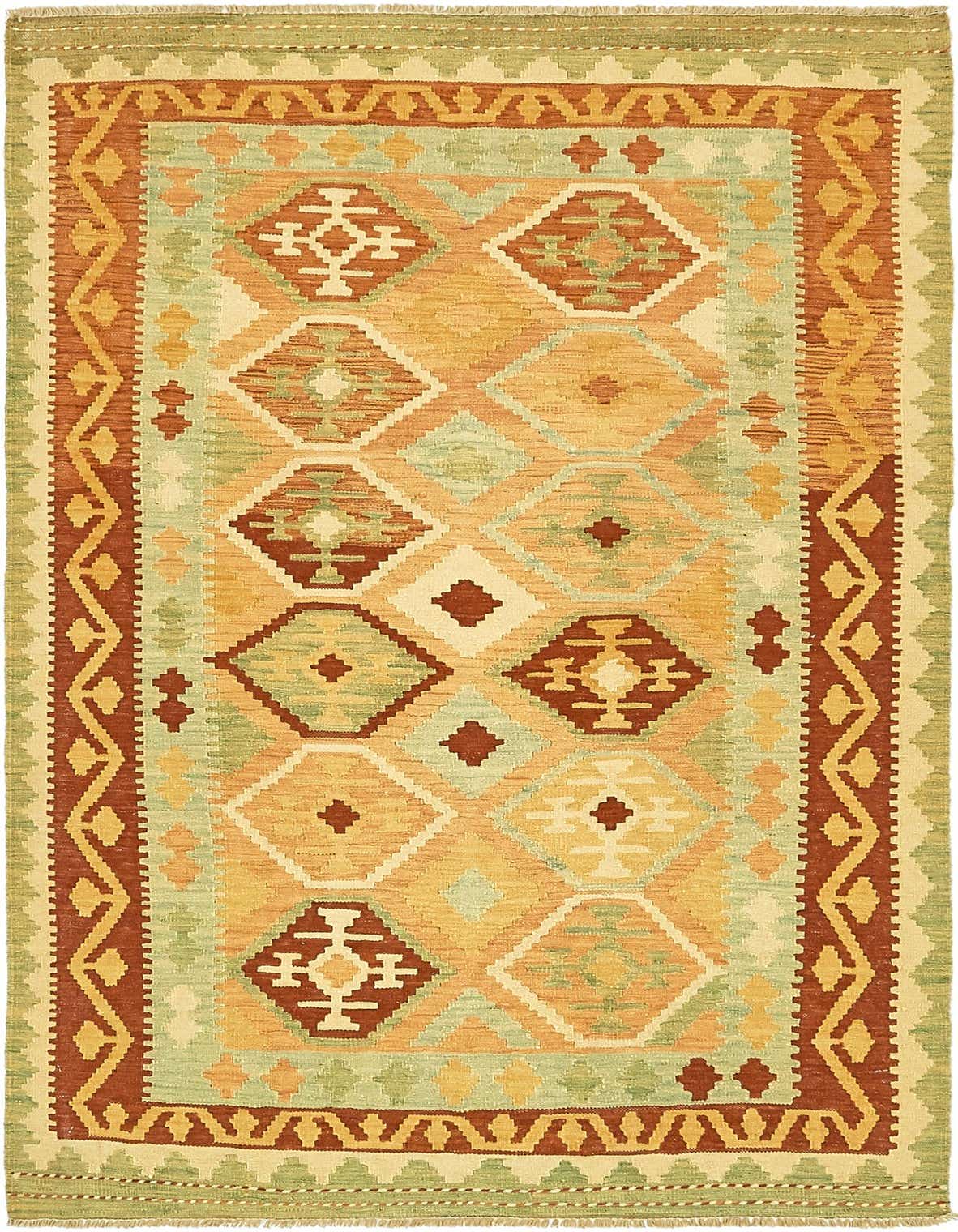 A 4x6 rectangular Kilim Waziri rug featuring traditional tribal patterns in shades of orange, green, and cream.
