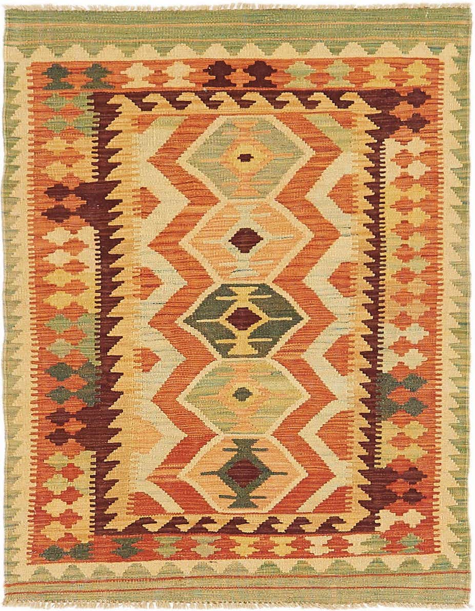 A 3x5 rectangular Kilim Waziri rug featuring a traditional tribal medallion pattern in shades of orange, green, and cream.