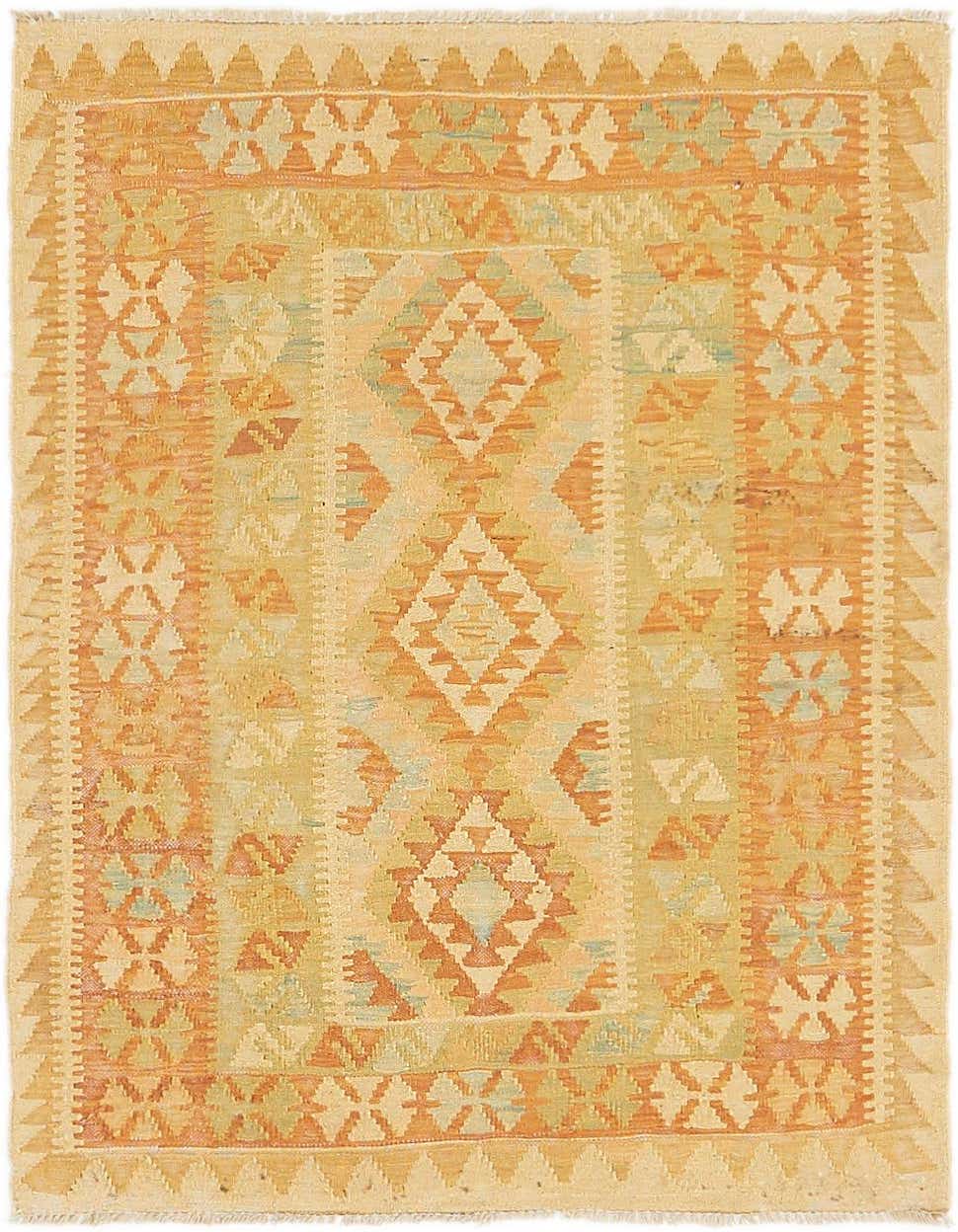 A 3x4 rectangular Kilim Waziri rug featuring traditional tribal patterns in various shades of orange and cream.