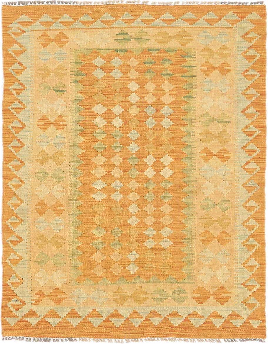 A 3x4 rectangular Kilim Waziri rug featuring a traditional tribal pattern in various shades of orange, peach, and light blue.
