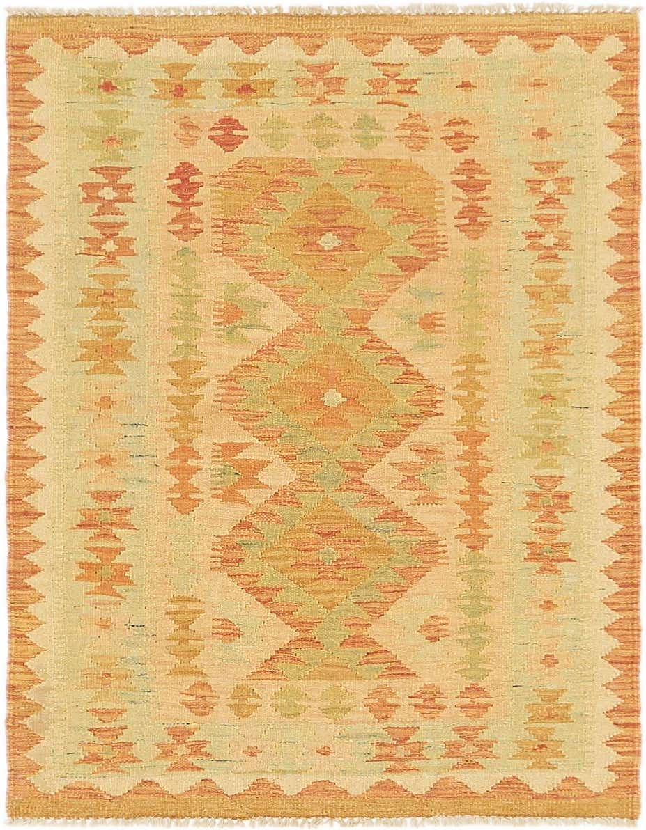 A 3x4 rectangular Kilim Waziri rug featuring a tribal geometric pattern in shades of orange and light green on a cream background, with a flatweave texture.