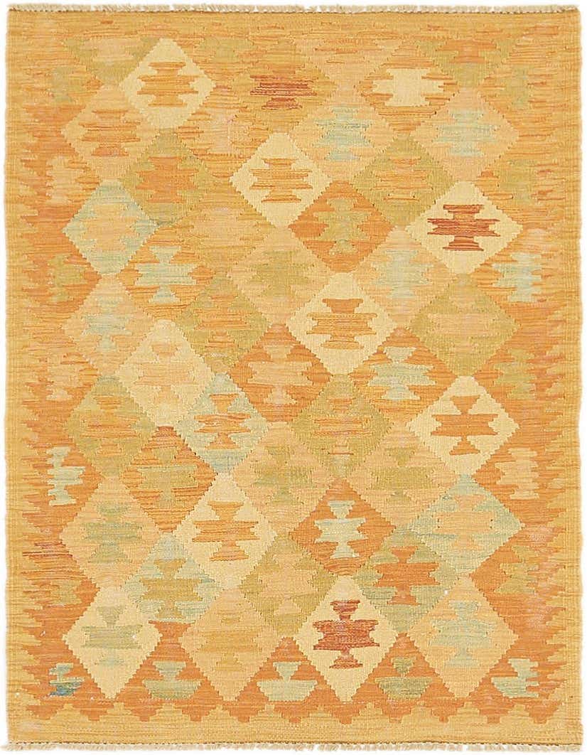 A 3x4 rectangular Kilim Waziri rug featuring a flatweave, handmade tribal pattern in shades of orange, cream, and light blue.