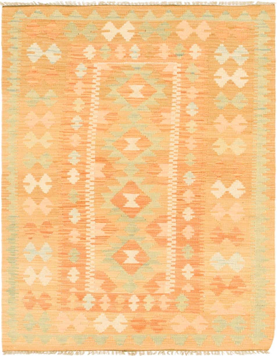 A 3x4 rectangular Kilim Waziri rug in shades of orange with traditional tribal patterns and a flatweave texture.