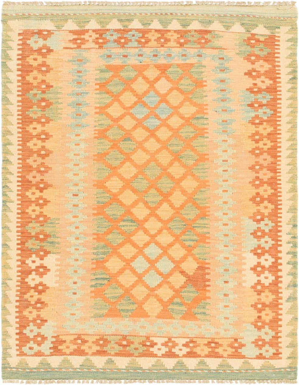 A 3x4 rectangular Kilim Waziri wool rug featuring a traditional tribal pattern in various shades of orange and light blue.