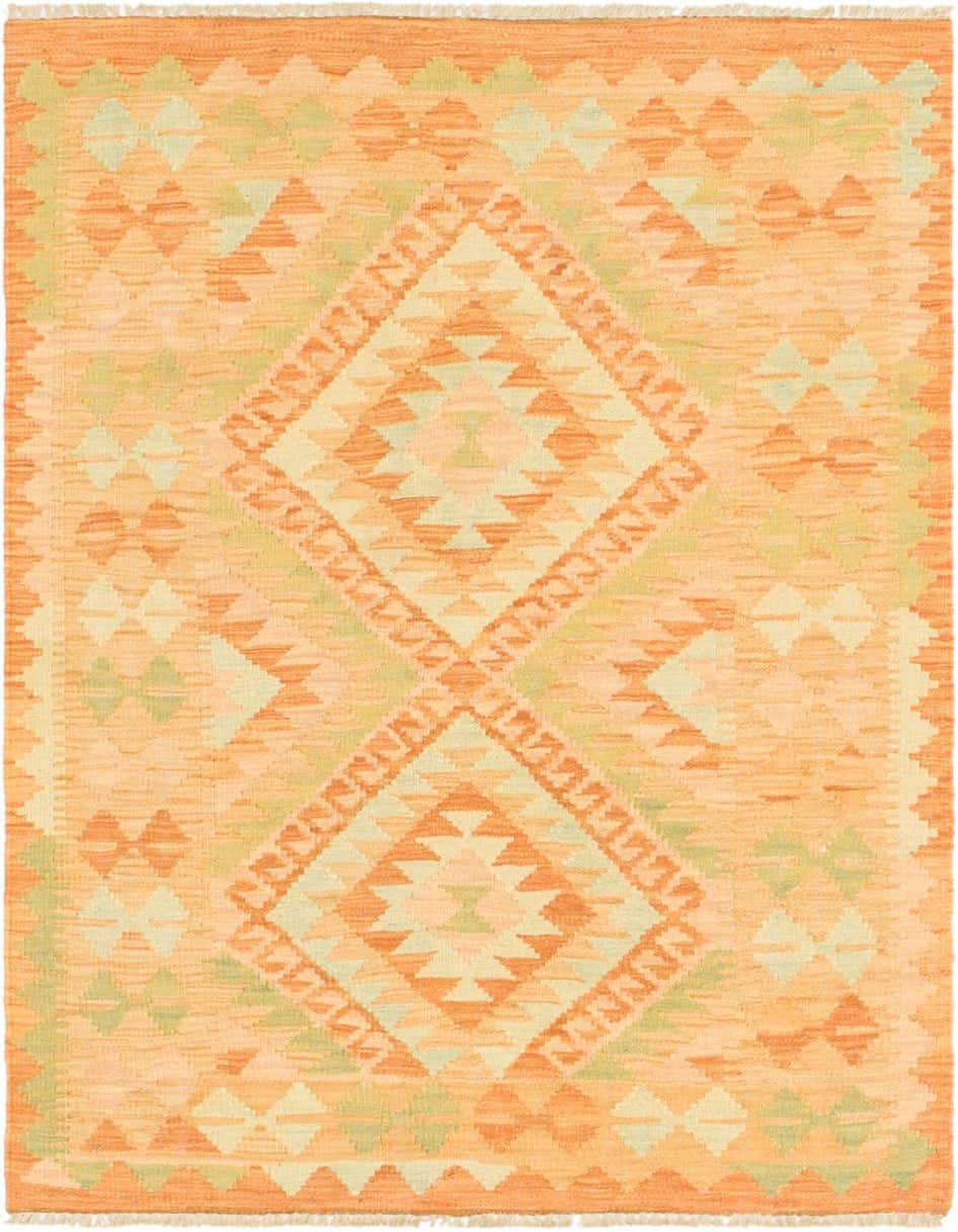A 3x4 rectangular Kilim Waziri rug featuring a traditional tribal medallion pattern in various shades of orange and subtle green.