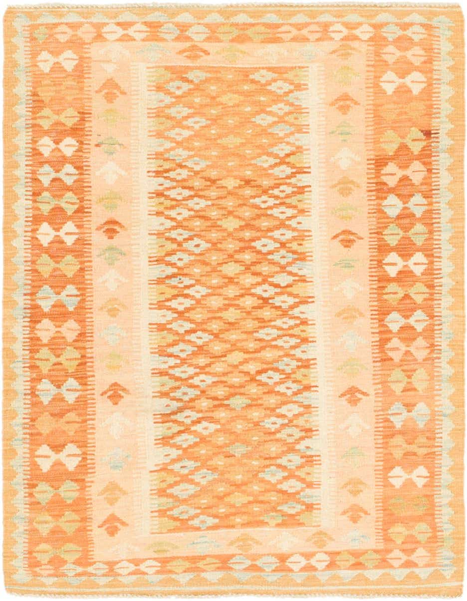 A 3x4 rectangular Kilim Waziri rug featuring a traditional tribal pattern in various shades of orange and subtle accents.