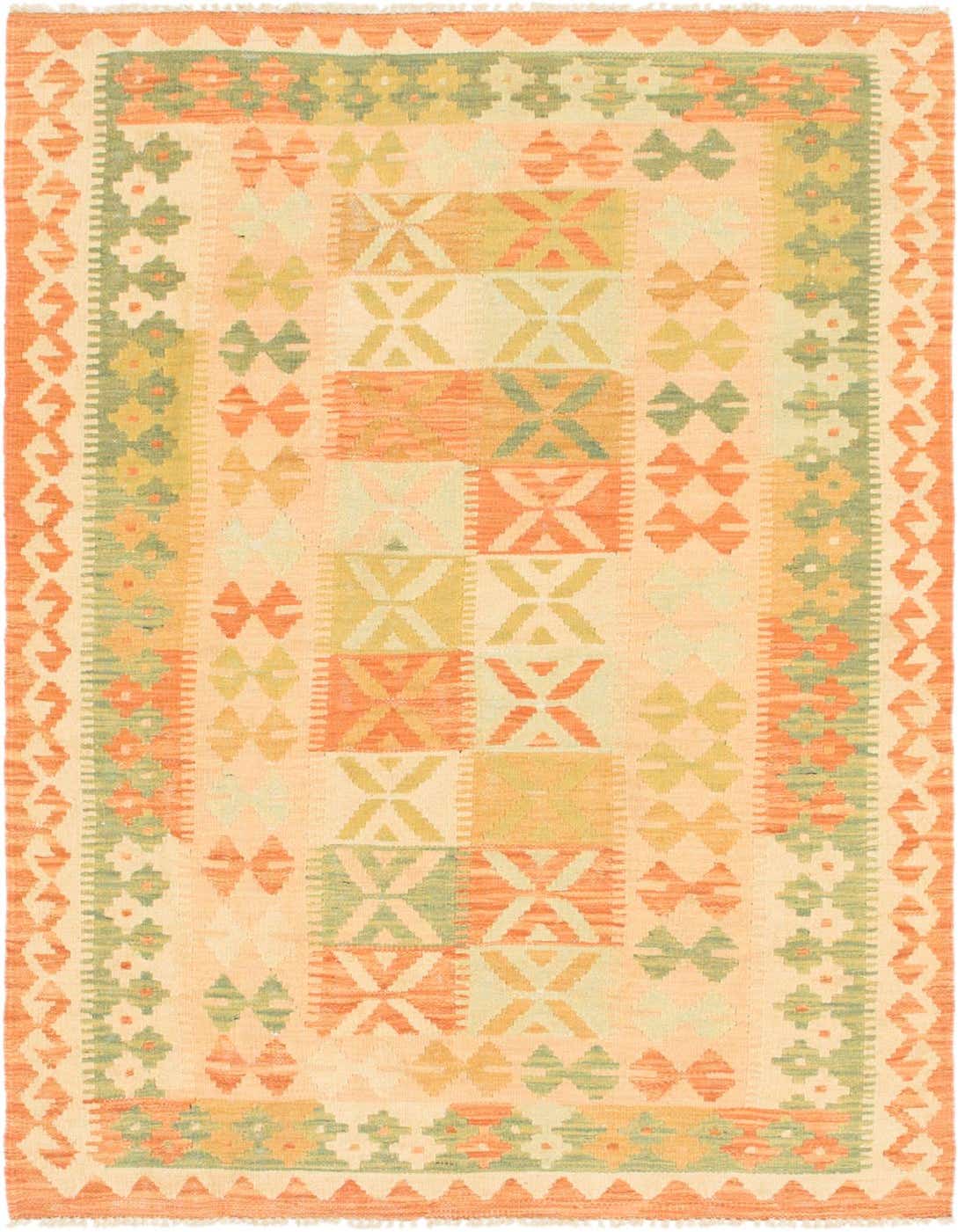 A 3x5 rectangular Kilim Waziri rug featuring a traditional tribal pattern in shades of orange, green, and cream.