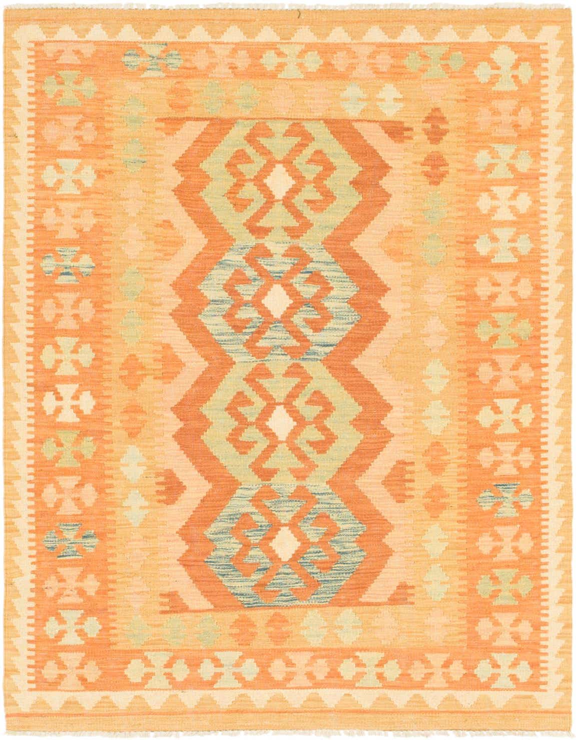 A 3x5 rectangular Kilim Waziri rug in shades of orange, peach, and light blue with a traditional tribal pattern.