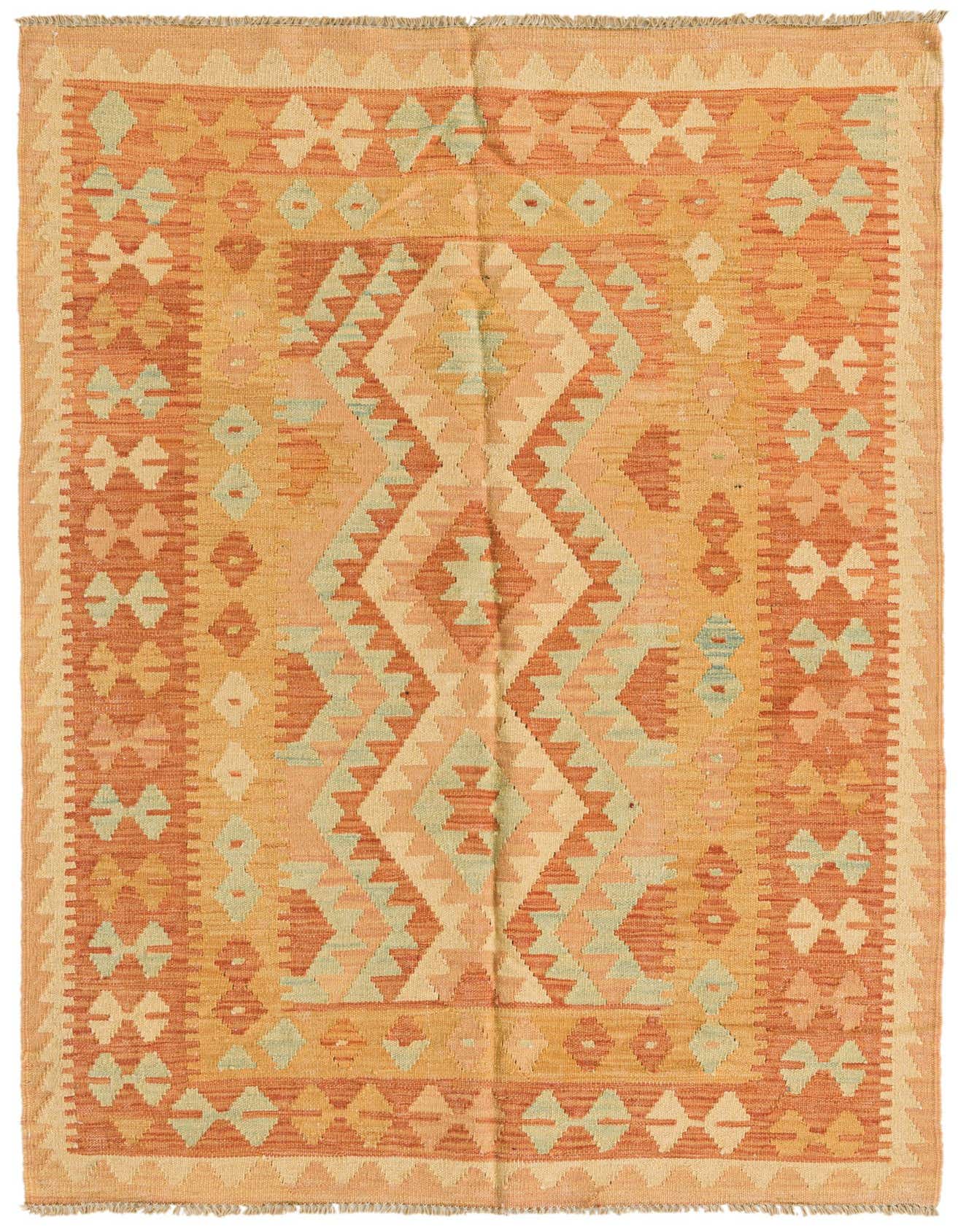 A 3x5 rectangular Kilim Waziri rug featuring a traditional tribal medallion pattern in various shades of orange and hints of light green.