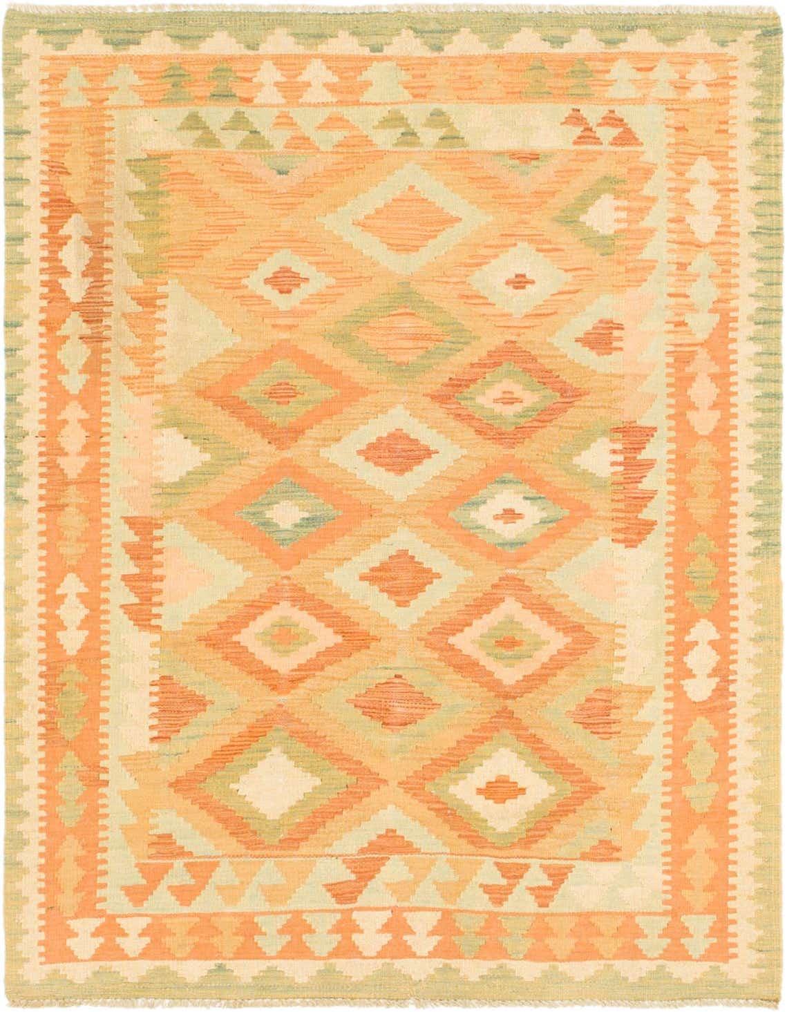 A 3x5 rectangular Kilim Waziri rug featuring a traditional tribal diamond pattern in various shades of orange and hints of sage green.