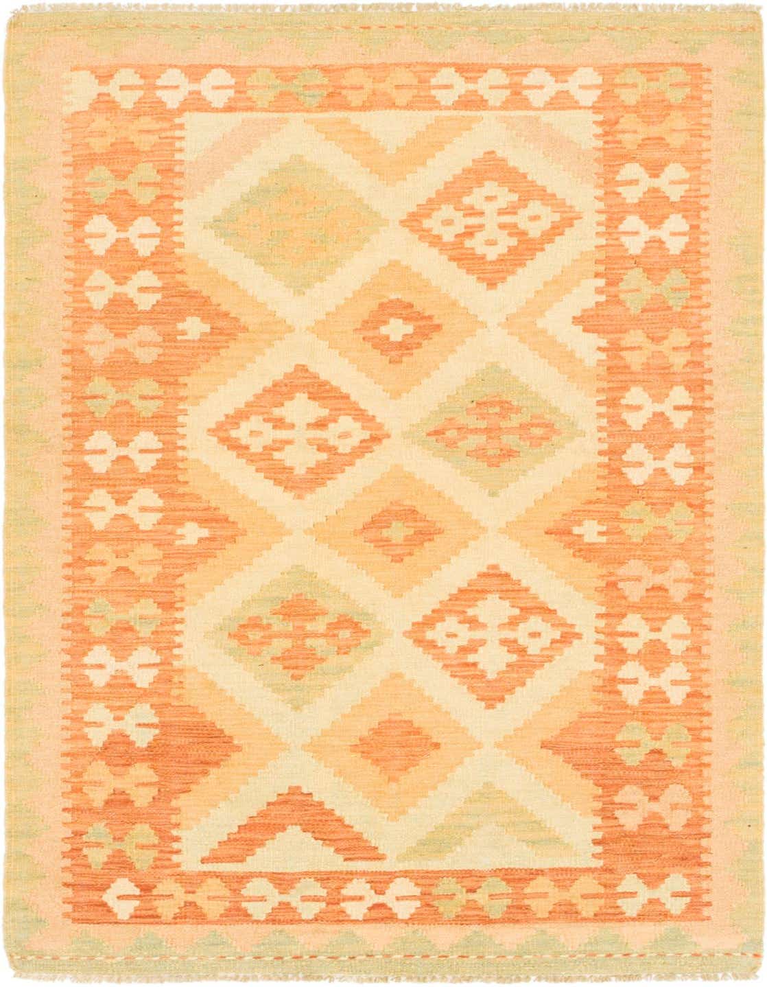 A 3x5 rectangular Kilim Waziri rug featuring a tribal geometric pattern in shades of orange, cream, and light green.