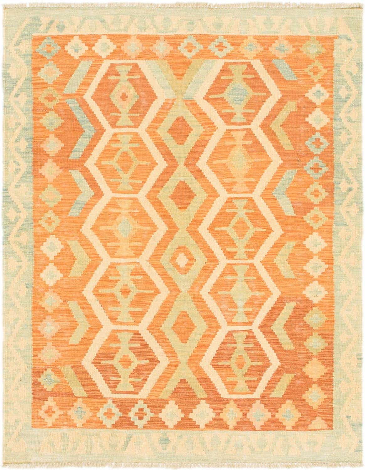 A 3x5 rectangular Kilim Waziri rug featuring a tribal geometric pattern in shades of orange, cream, and light blue.