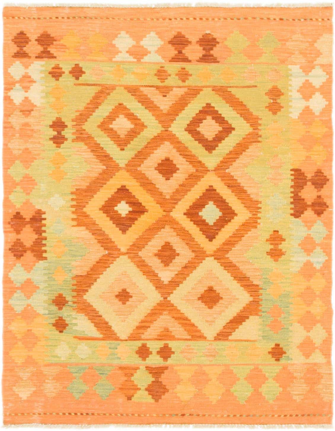 A 3x5 rectangular Kilim Waziri rug featuring a vibrant tribal pattern in shades of orange, peach, and light green.