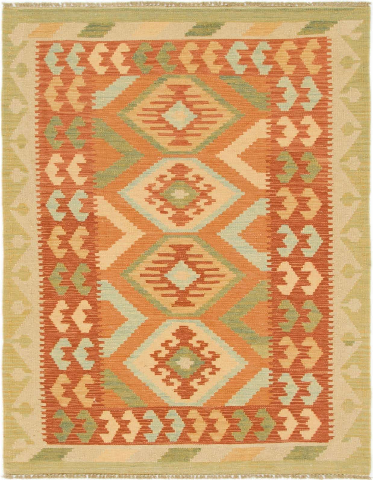 A 3x5 rectangular Kilim Waziri rug featuring a Southwestern tribal pattern in shades of orange, green, and cream.