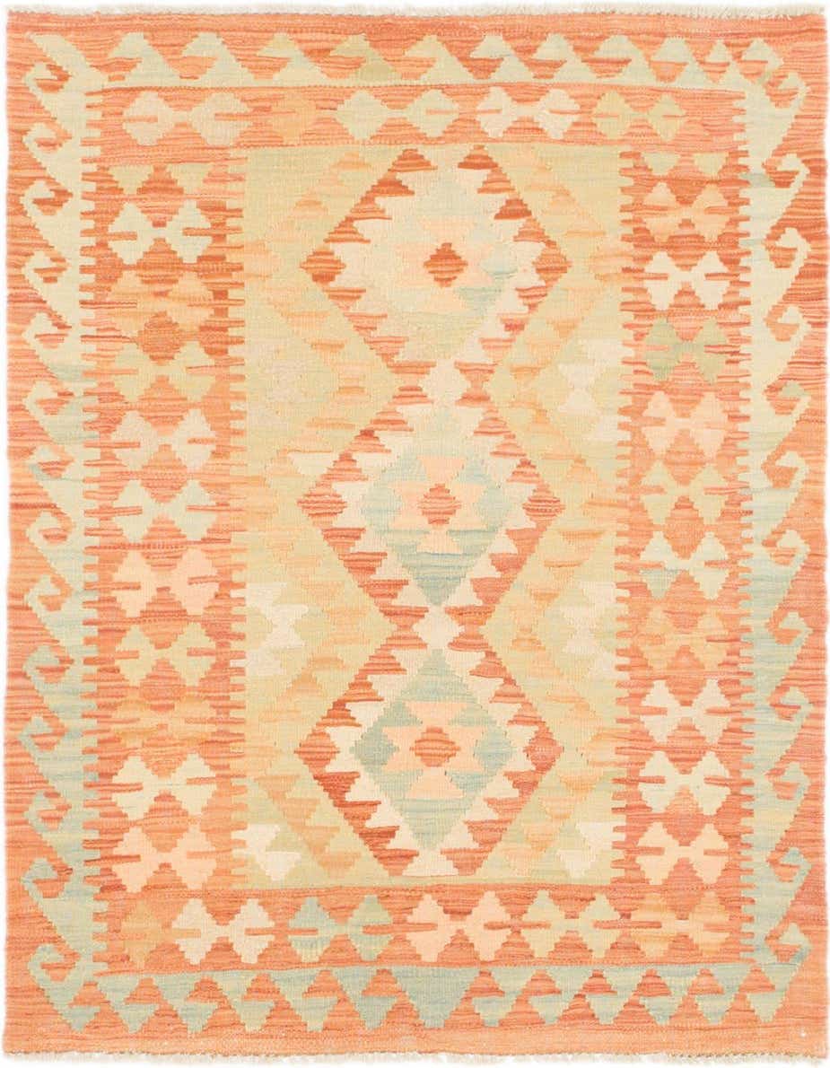 A 3x4 rectangular Kilim Waziri rug featuring a tribal medallion pattern in various shades of orange and light blue.