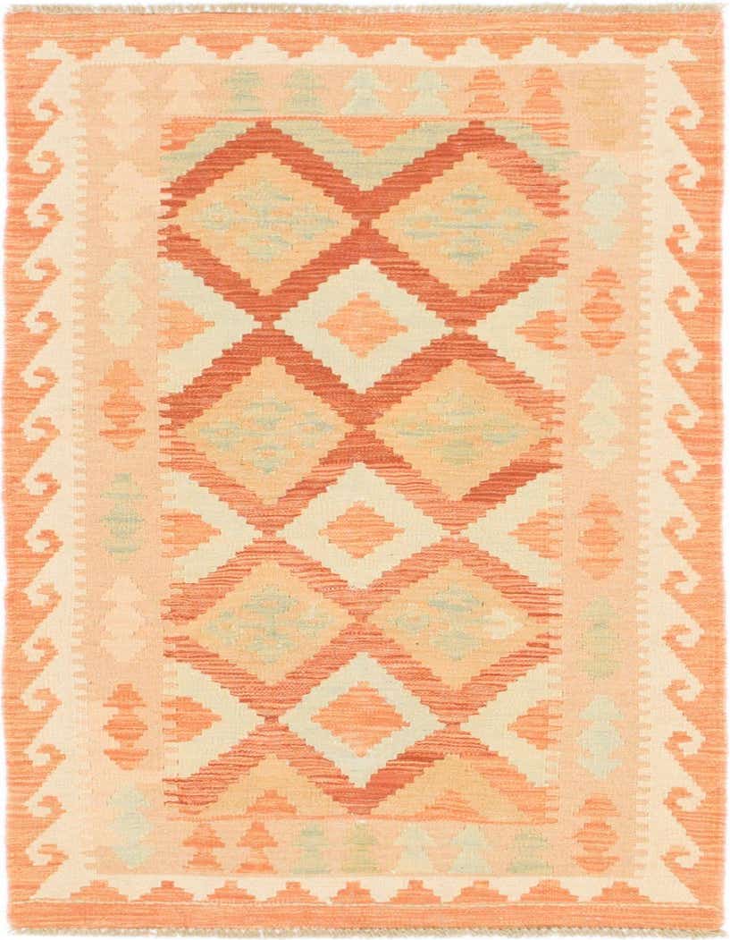 A 3x4 rectangular Kilim Waziri rug featuring a tribal geometric pattern in shades of orange, peach, and light green.