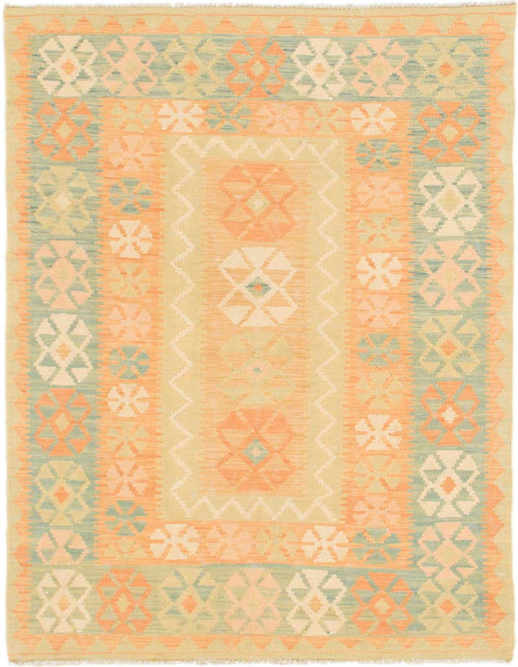 A 3x5 rectangular Kilim Waziri rug featuring tribal and medallion patterns in shades of orange, peach, and light green.
