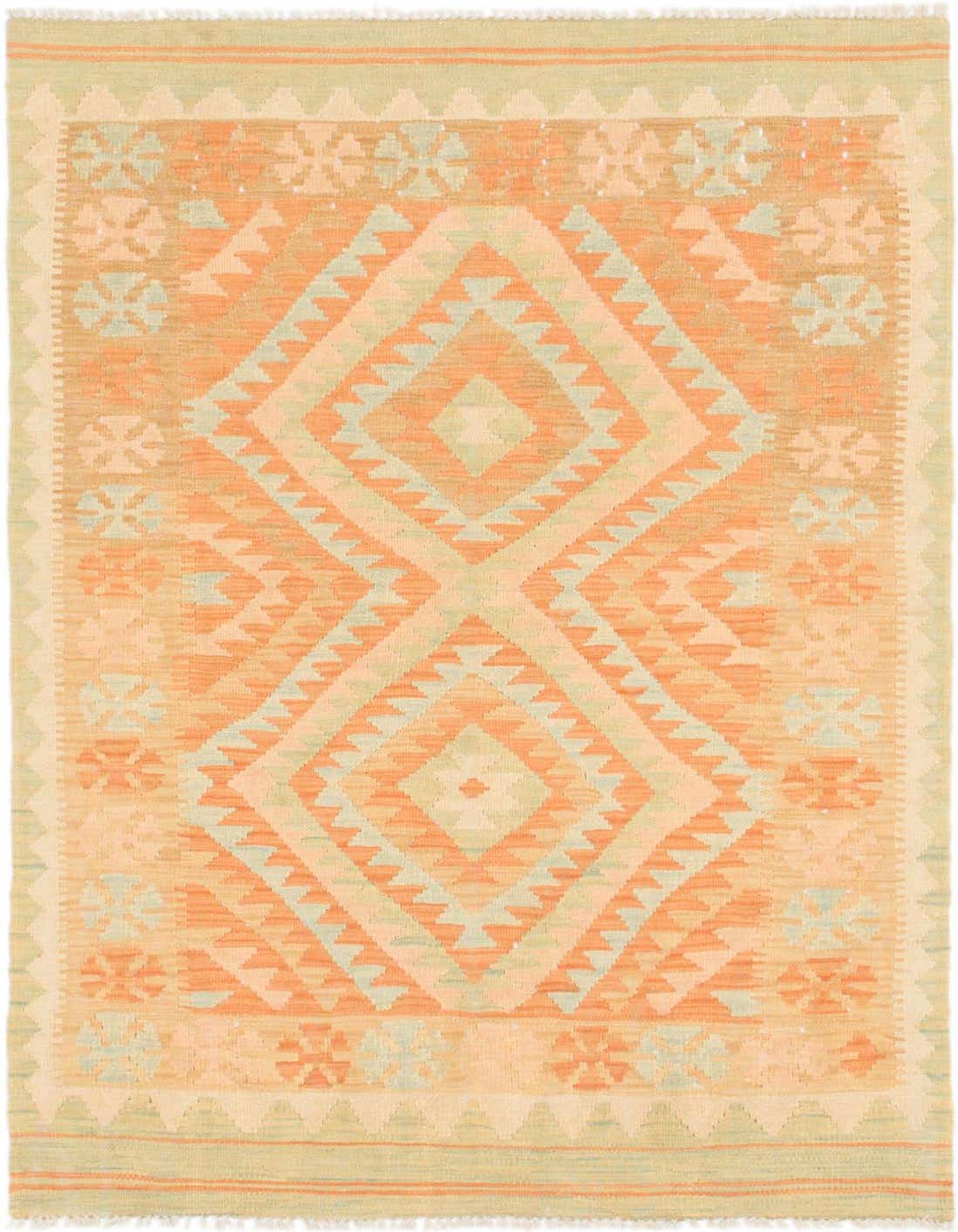 A 3x5 rectangular Kilim Waziri rug featuring a tribal medallion pattern in various shades of orange and light green.