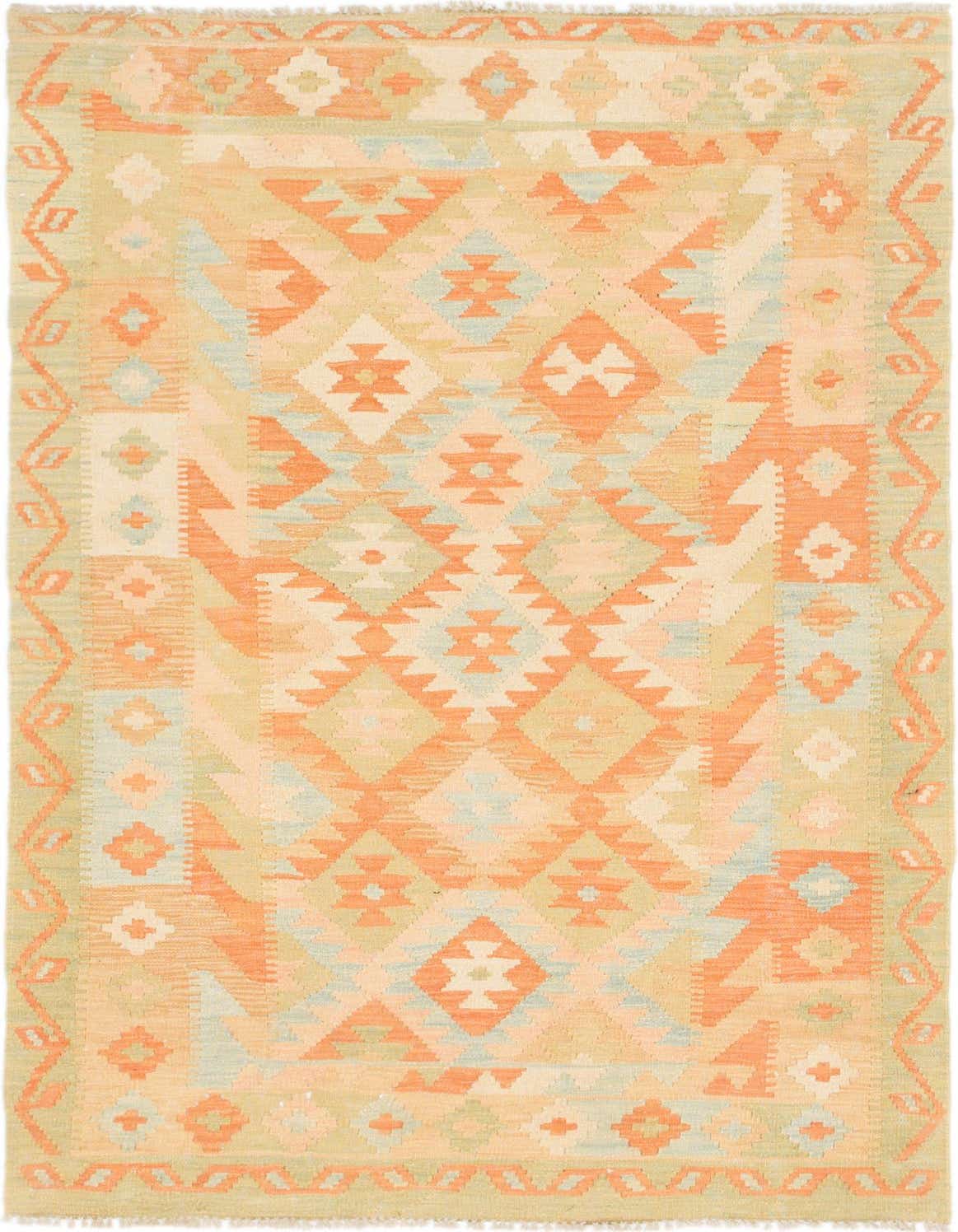 A 4x6 rectangular Kilim Waziri rug featuring a tribal geometric pattern in shades of orange, peach, light blue, and cream.