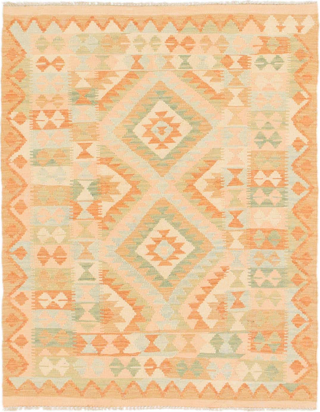 A 3x5 rectangular Kilim Waziri rug featuring a tribal medallion pattern in various shades of orange and light green on a cream background.