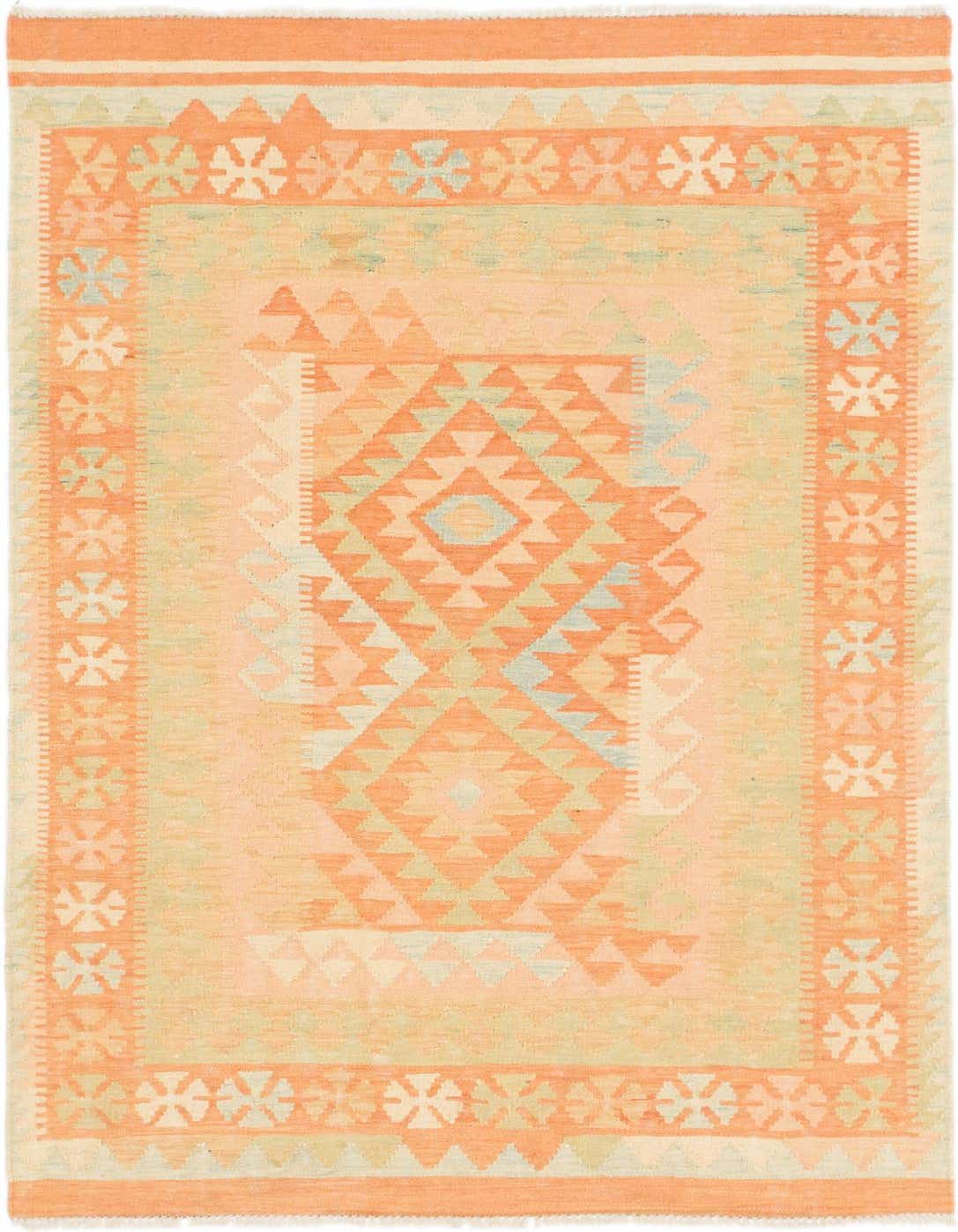 A 3x5 rectangular Kilim Waziri rug featuring a tribal medallion pattern in various shades of orange and subtle light green.