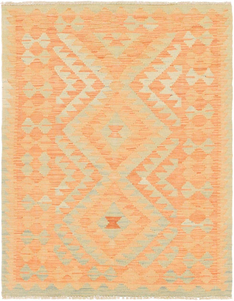 A 3x4 rectangular Kilim Waziri rug featuring a Southwestern geometric pattern in various shades of orange and light beige.