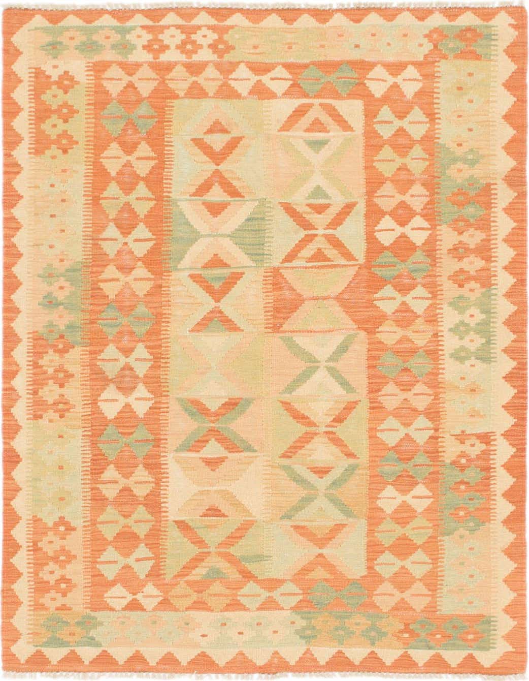 A rectangular 3x5 Kilim Waziri rug featuring a Southwestern geometric pattern in various shades of orange, peach, and light green.
