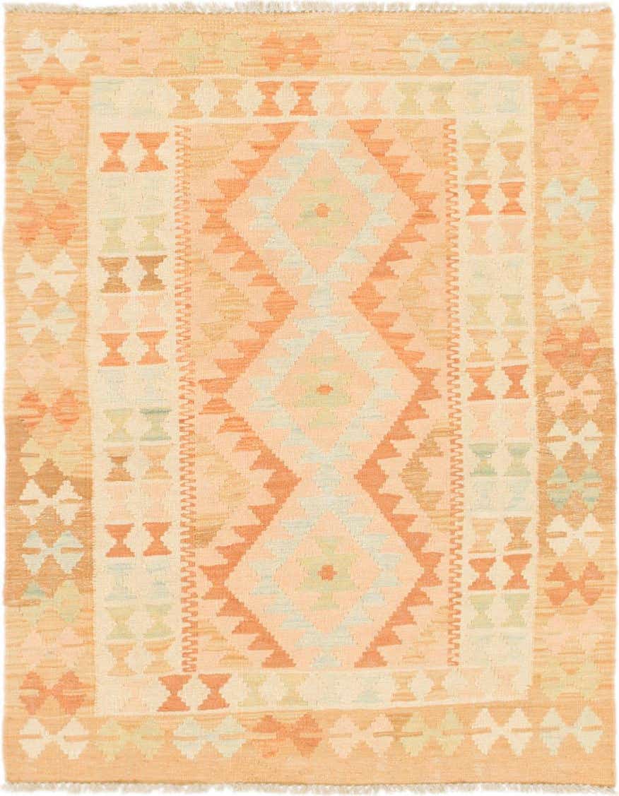 A 3x4 rectangular orange and cream Southwestern Kilim Waziri wool rug with a central diamond medallion pattern.