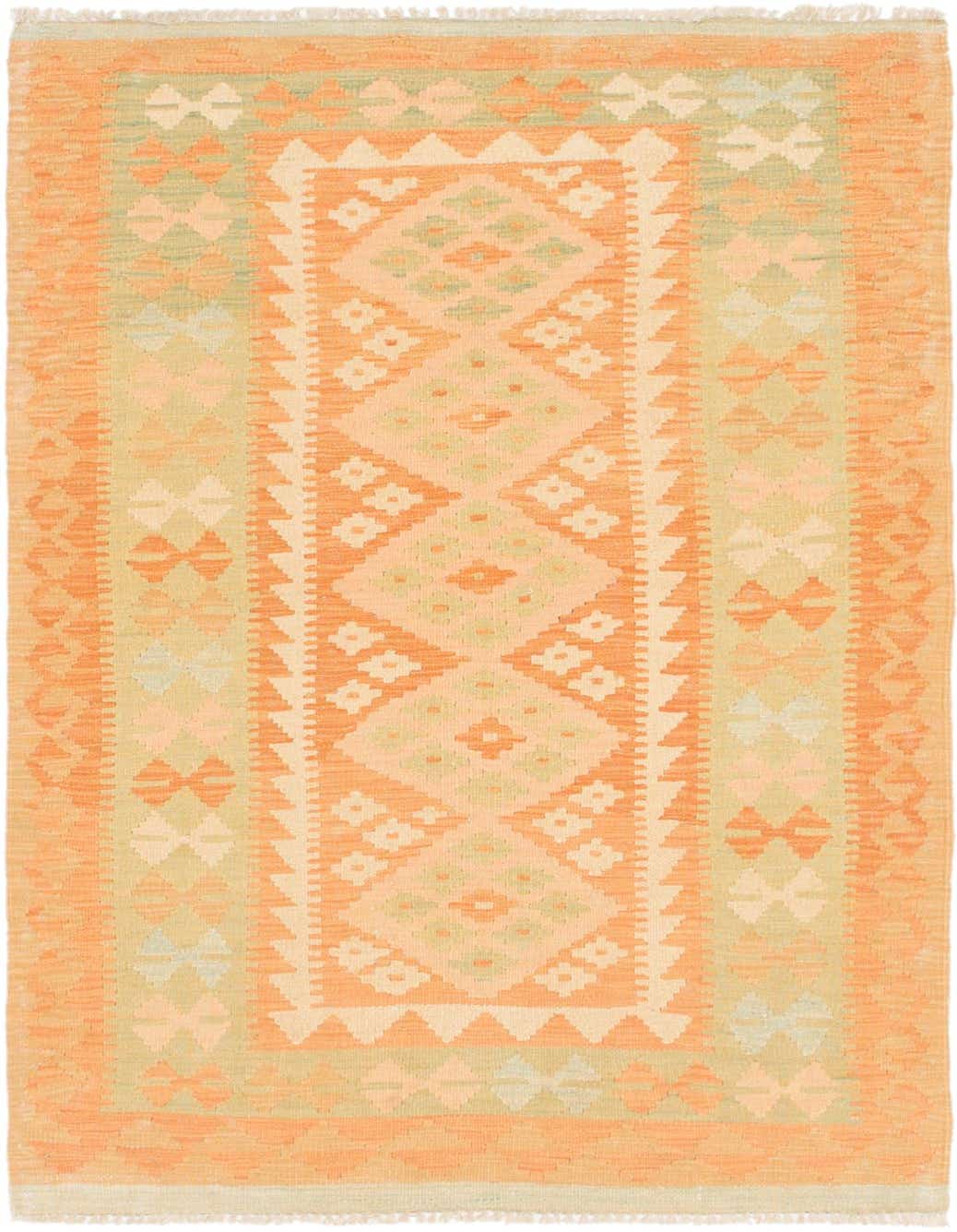 A 3x5 rectangular Kilim Waziri rug in shades of orange and light green with a Southwestern tribal pattern.