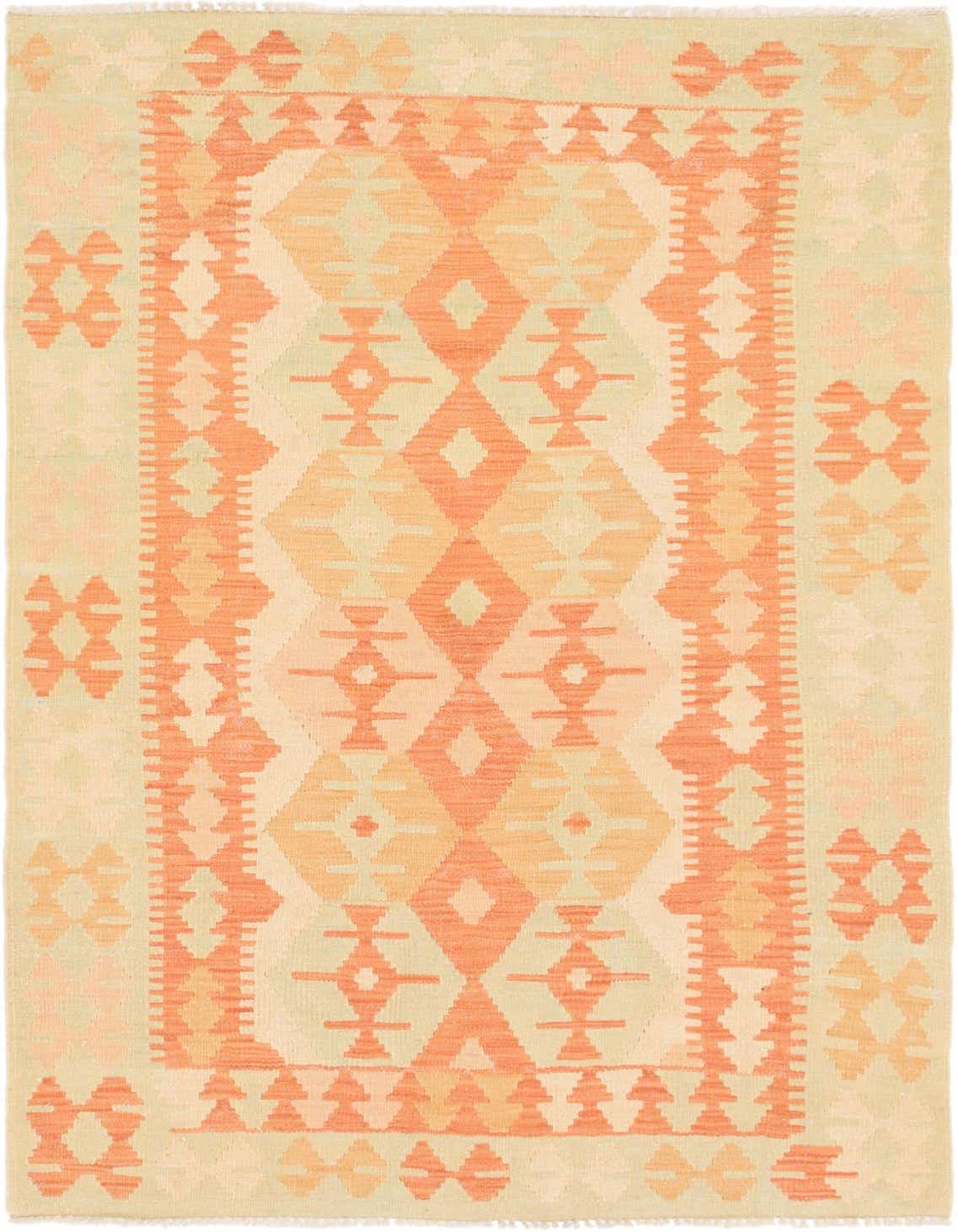3x5 rectangular Kilim Waziri rug with a Southwestern tribal pattern in shades of orange and cream.